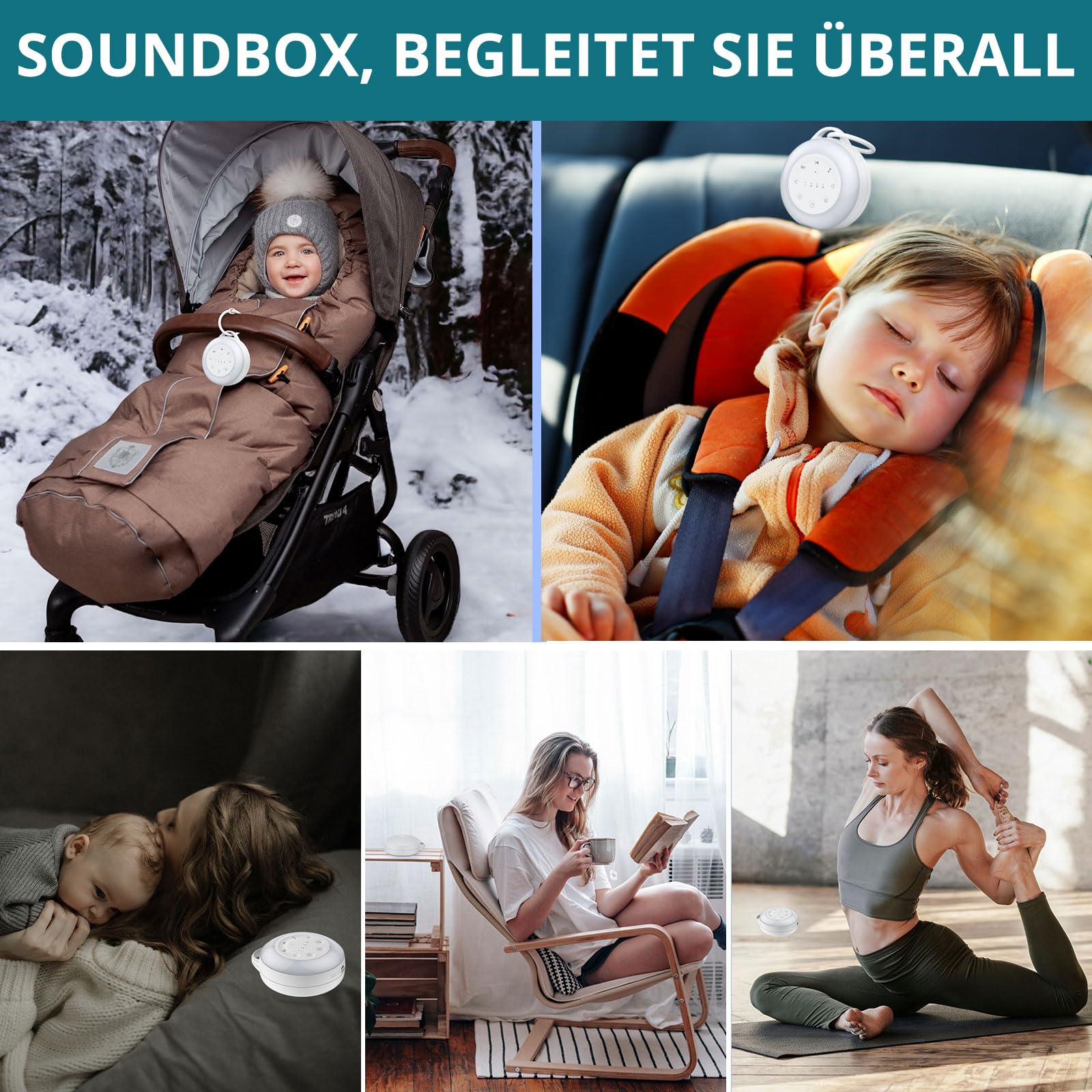 White Noise Machine Einschlafhilfe 24 Beruhigende Geräusche Tragbar 2000mAh Akku 3-Timer Memory-Funktion 16 stufige Lautstärke Babys Erwachsene Weiß