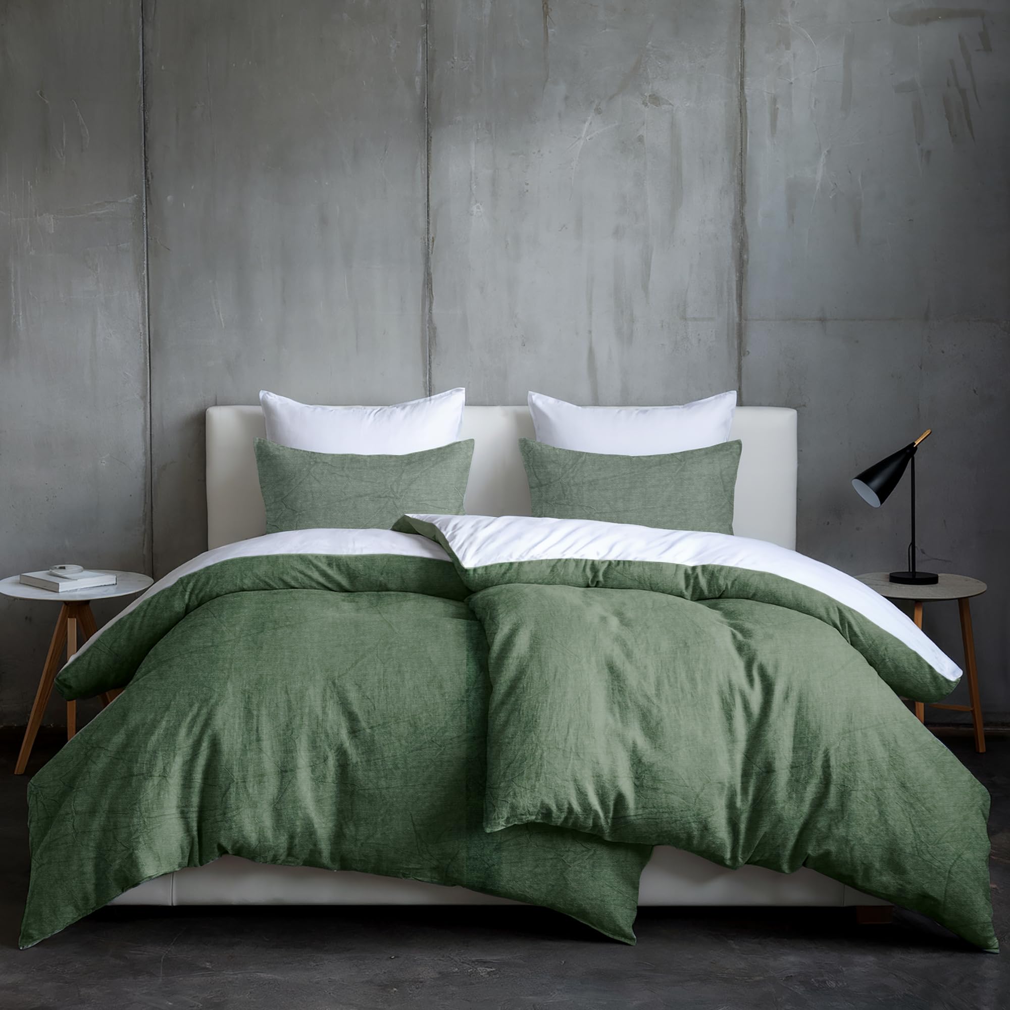 Dreamzie 2 Copripiumino Singolo Cotone 135x200 cm con 2 Federe 80x80 cm - Verde Set Copripiumino Singolo 135 x 200 con Chiusura Lampo, Consistenza Simile al Lino Slavato Pietra