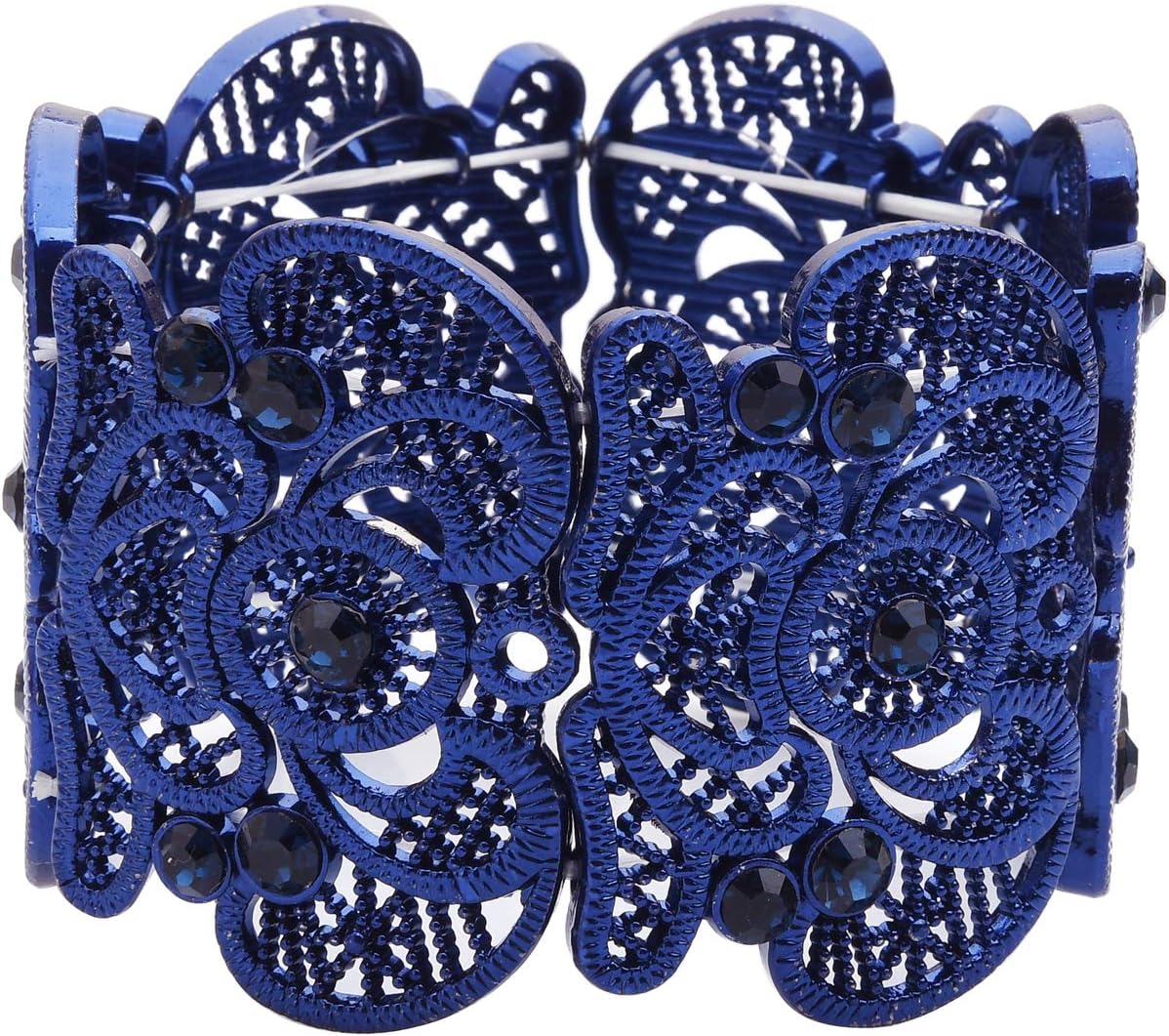 Womens Bohemian Lace Bracelet Vintage Filigree Cuff Bangle Bracelet Wide Stretch Rhinestone Bracelets for Ladies