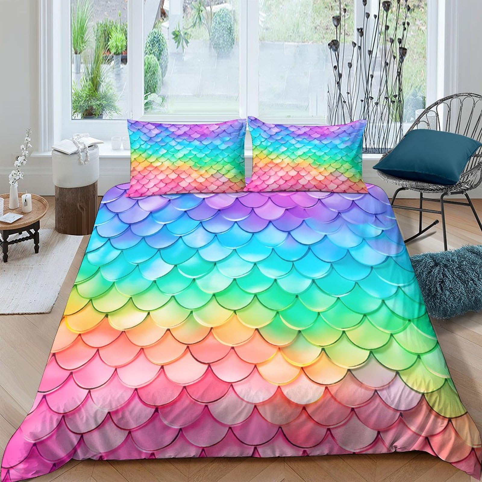 Ctjqhvkz Style-5 3D Printed Rainbow Mermaid Scale Fitted Sheet Microfiber Soft Mattress Cover Gradient Colorful Bed Decor For Bedroom Dorm Room Single（135X200cm）