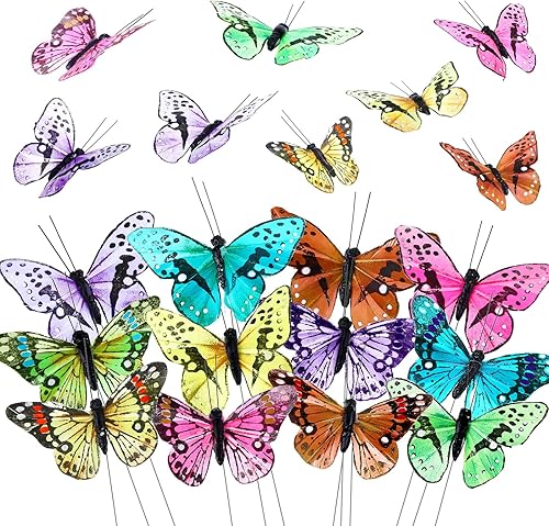 Miniatura 26 de Ysleen Juego de 12 mariposas monarca de Halloween, mariposas artificiales, púas de plumas con alambre para manualidades, flores falsas, suministros