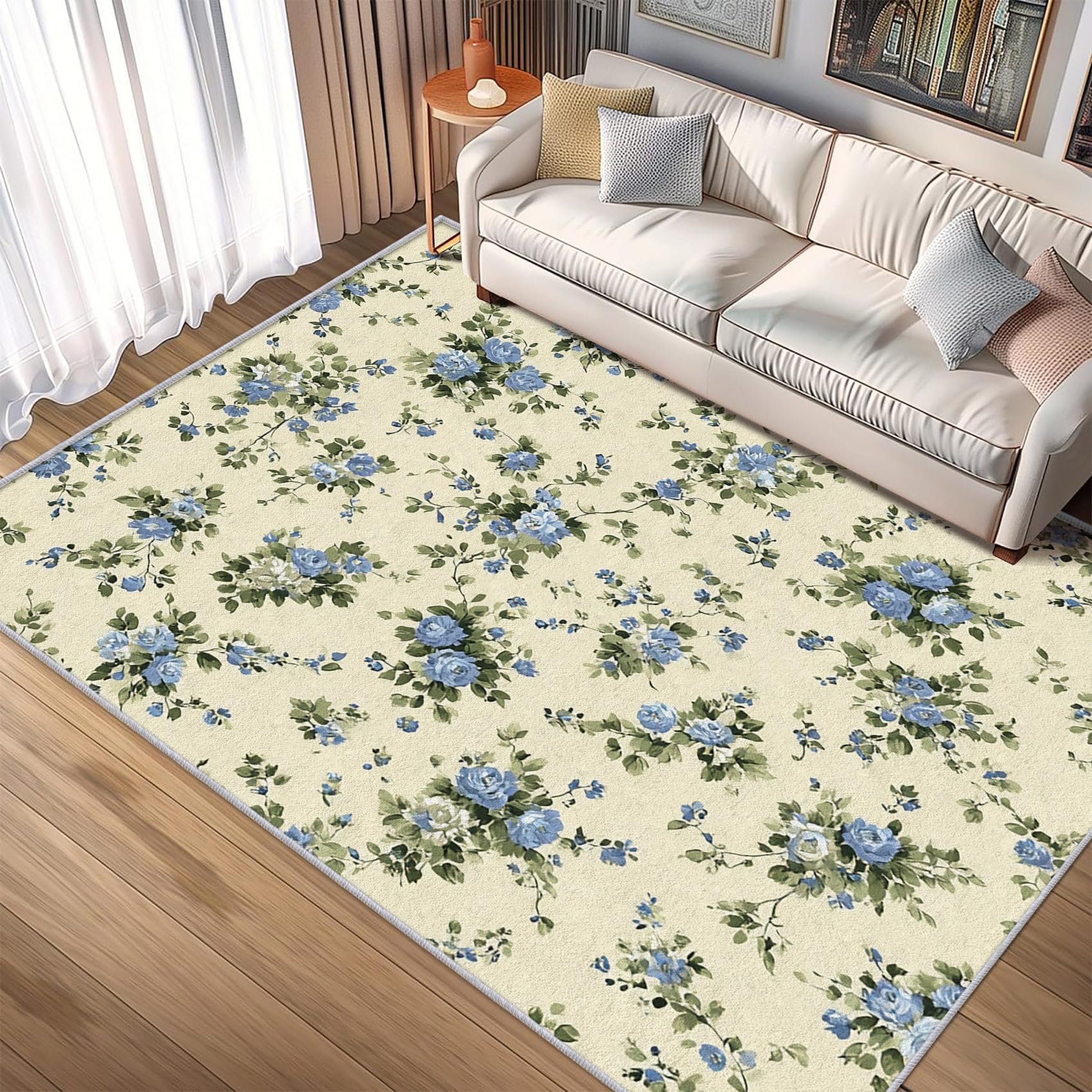 Tapis de salon rose et bleu déco botanique pour chambre chaleureuse 90x180