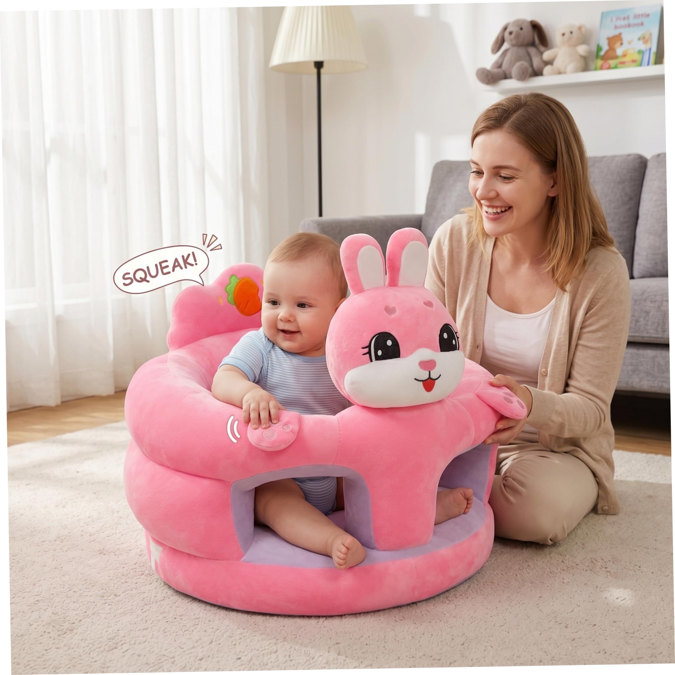 Babysitzstuhl, Sit Me Up-Bodensitz für Babys, tragbarer Sitzstuhl mit ergonomischer Unterstützung und weichem Plüschstoff, Hasendesign für Kleinkinder von 3 bis 12 Monaten, Sitze für Kleinkinder ab 3