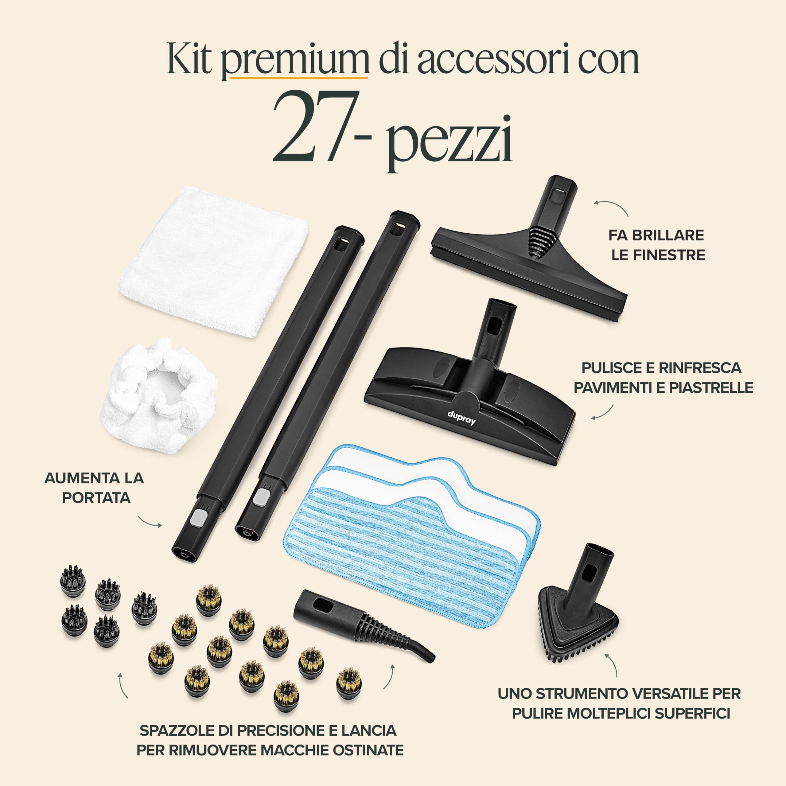 Pulitore a vapore multiuso Neat di Dupray per pavimenti, auto, uso domestico e altro ancora (Neat + 27 pezzi (spazzole extra))