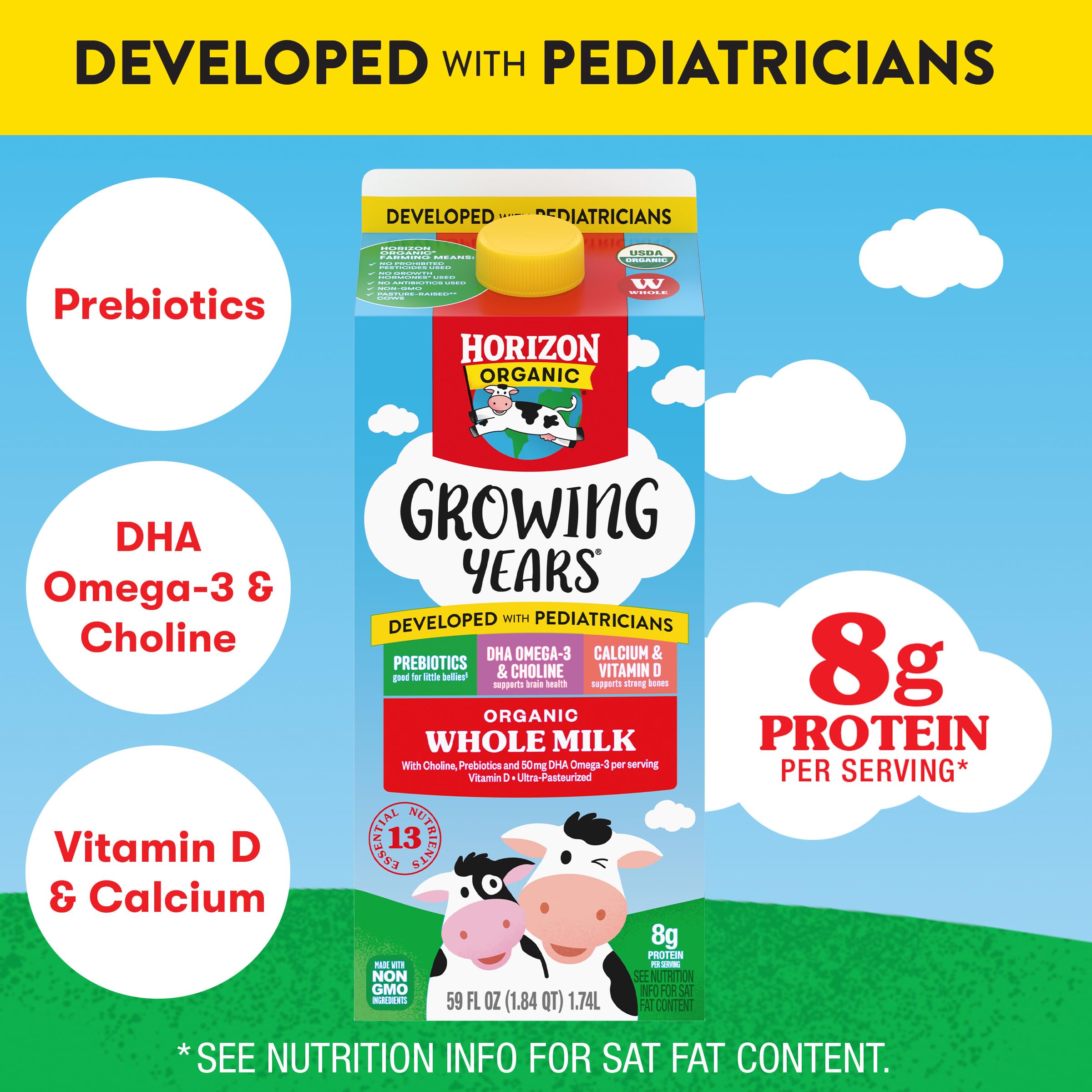Horizon Organic Growing Years Whole Milk, High Vitamin D Organic Milk for Growing Kids with DHA Omega-3, Choline, and Prebiotics, 59 fl oz Carton