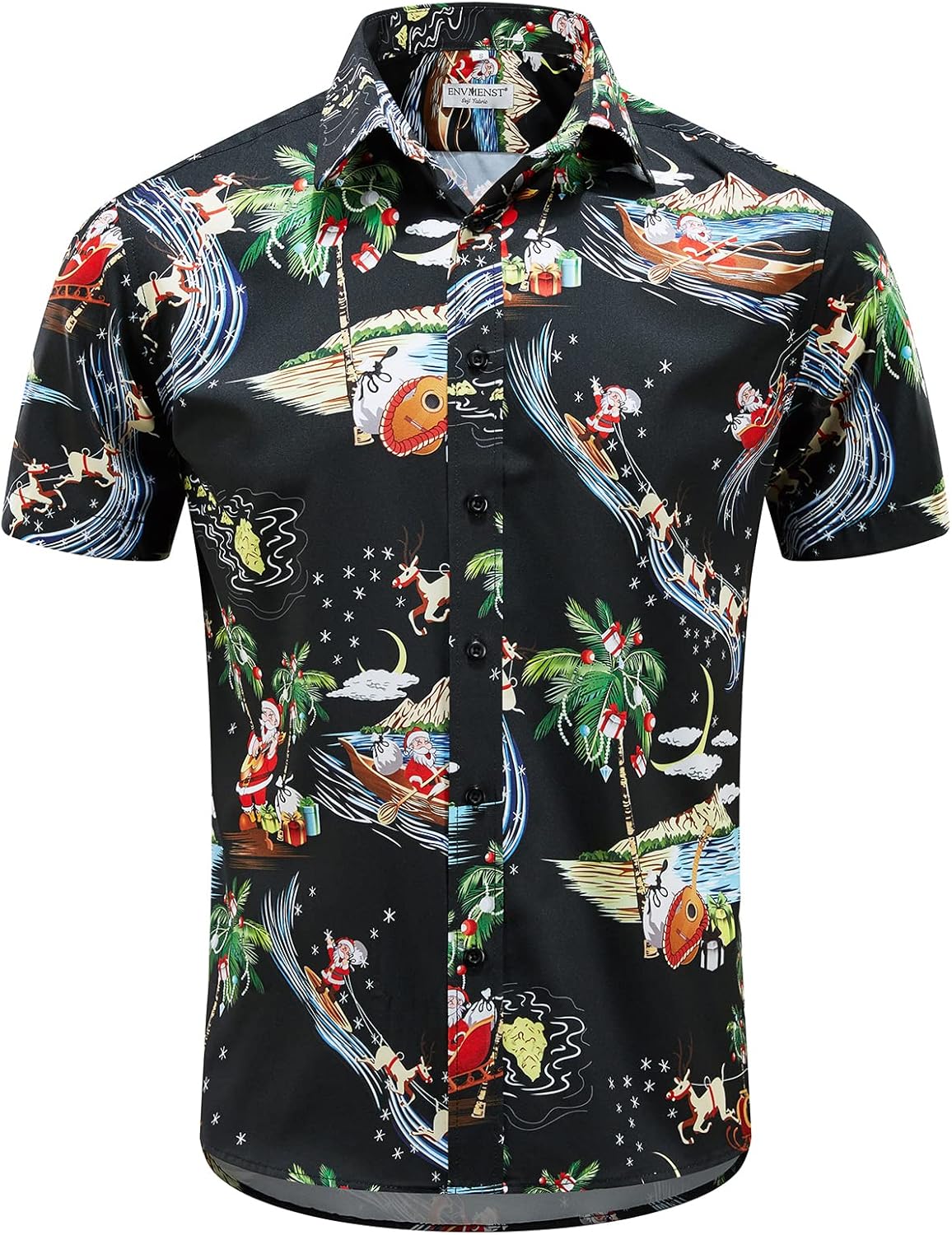 ENVMENST Christmas Button Up Shirt for Men Fun Printed Casual Short Sleeve Hawaiian Santa Shirt - Image 3