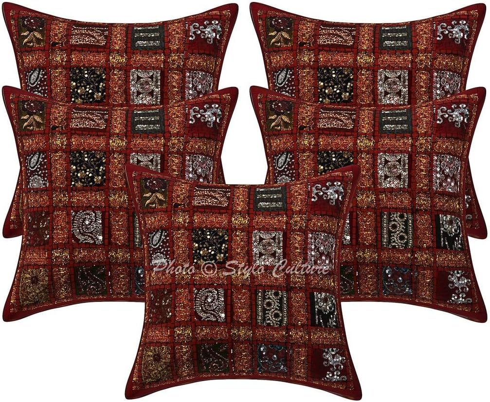 Bohemian Decorative Sofa Settee Toss Throw Pillow Cases 40x40 cm Cotton Bedroom Maroon Geometric Patchwork Sequins Embroidered Square Envelope Indian 16x16 Inch Cushion Covers - 5 Pcs