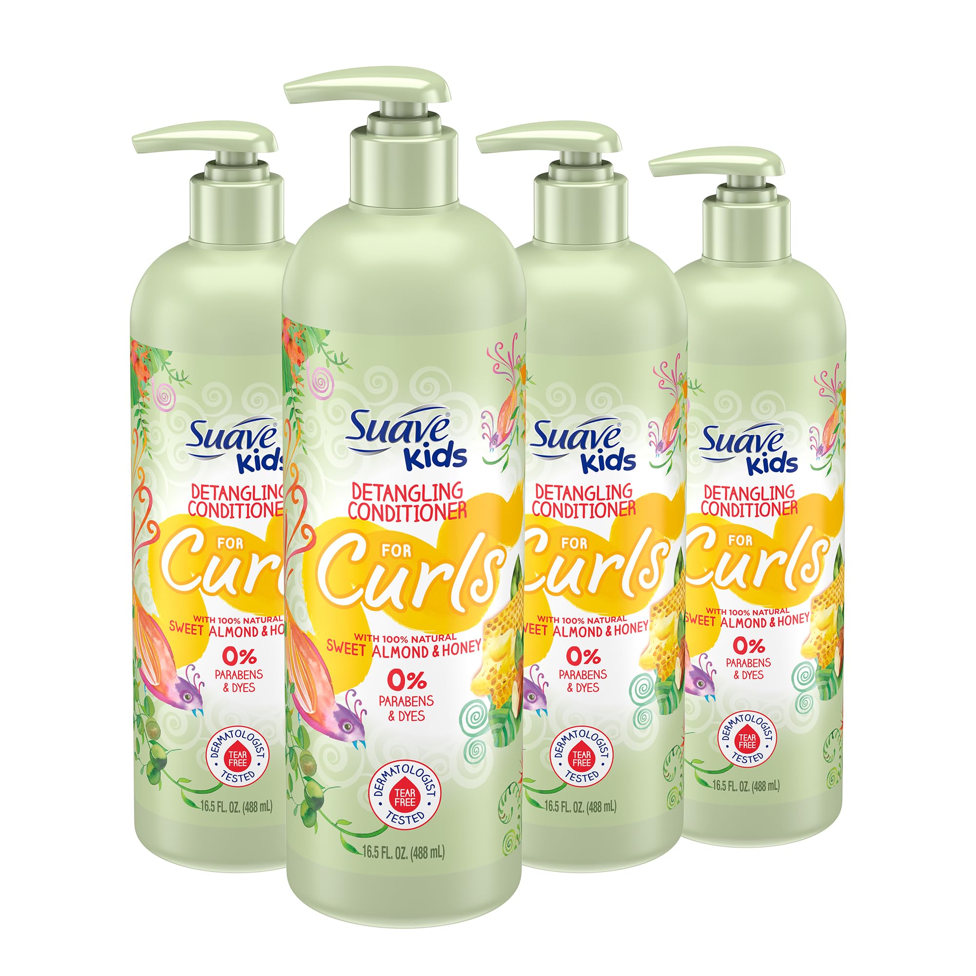 Suave Kids Natural Sweet Almond Honey Curly Hair Detangling Conditioner, Tear Free, No Parabens, No Dyes, 16.5 Oz Pack of 4