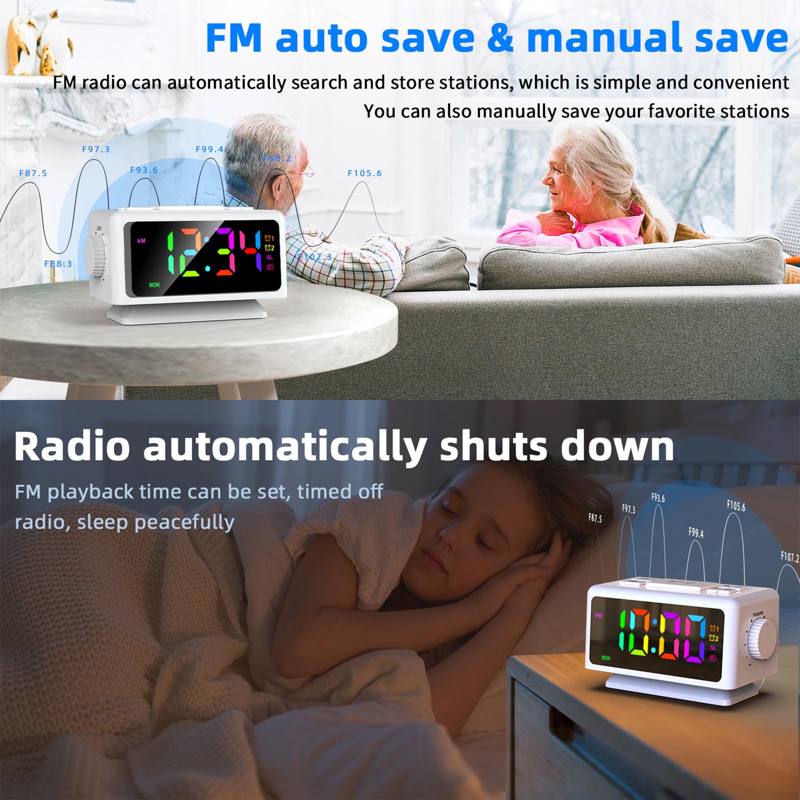 ThreeH Réveil Radio RGB avec Affichage de l'heure 12 Niveaux Volume et de luminosité Alarme FM pour Les Enfants 12/24 H Deux Ports Charge USB Blanc