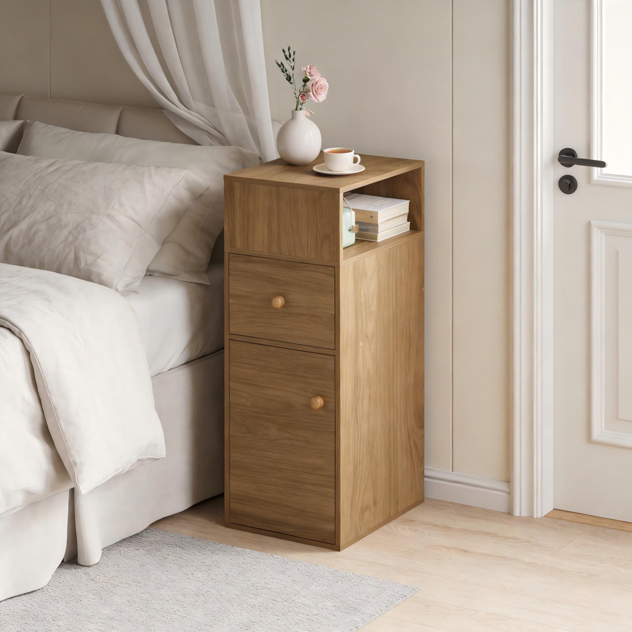 Homullel 25cm Narrow Bedside Cabinet Drawer Slim Bedside Table Small Nightstand Bed Side Table for Bedroom Living Room (1 Drawer+Door Cabinet, Dark Walnut)
