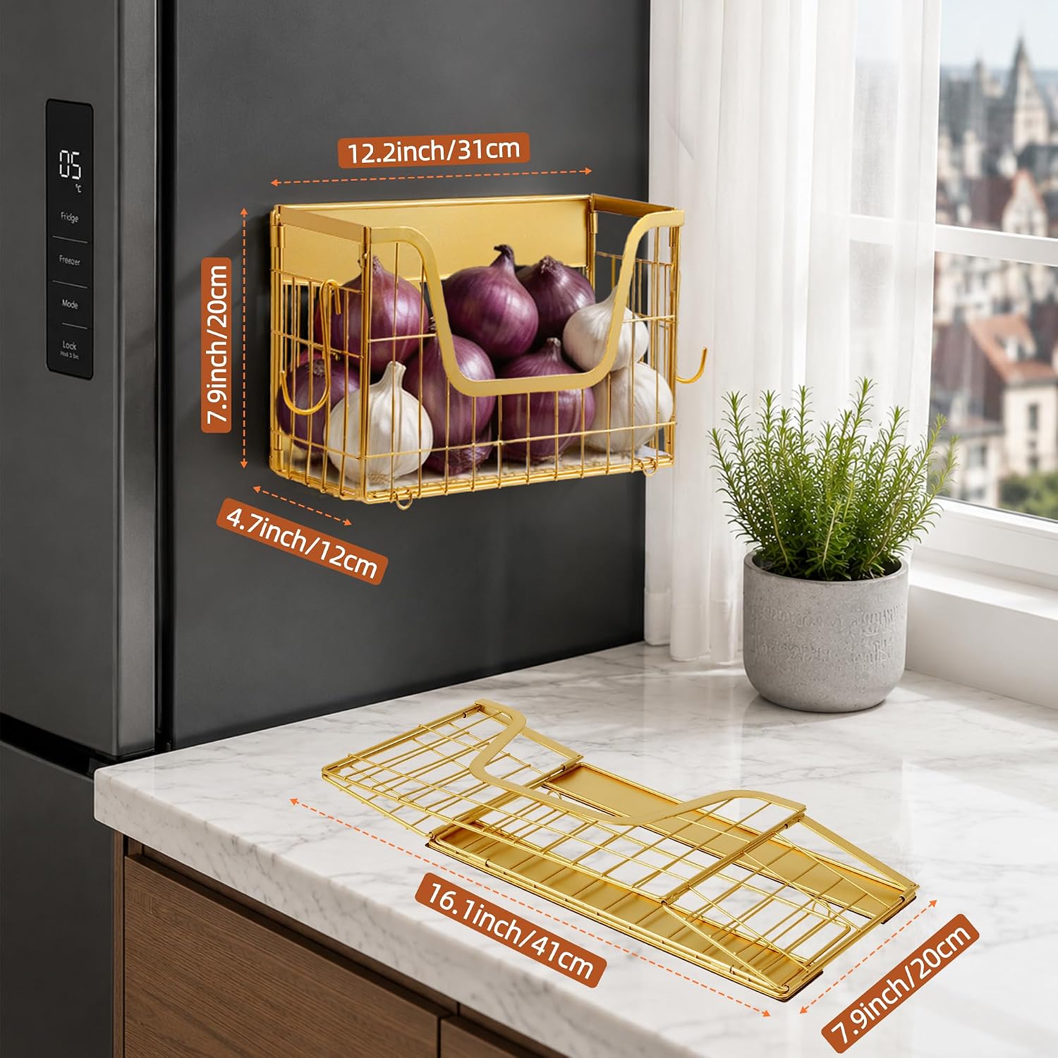 2 Pack Gold Magnetic Shelf for Fridge with Hooks, Strong Magnetic Spice Rack Storage Organizer for Refrigerator, Heavy Duty Carbon Steel Fruit Basket, Potato Onion Bin for Kitchen Counter,Pantry