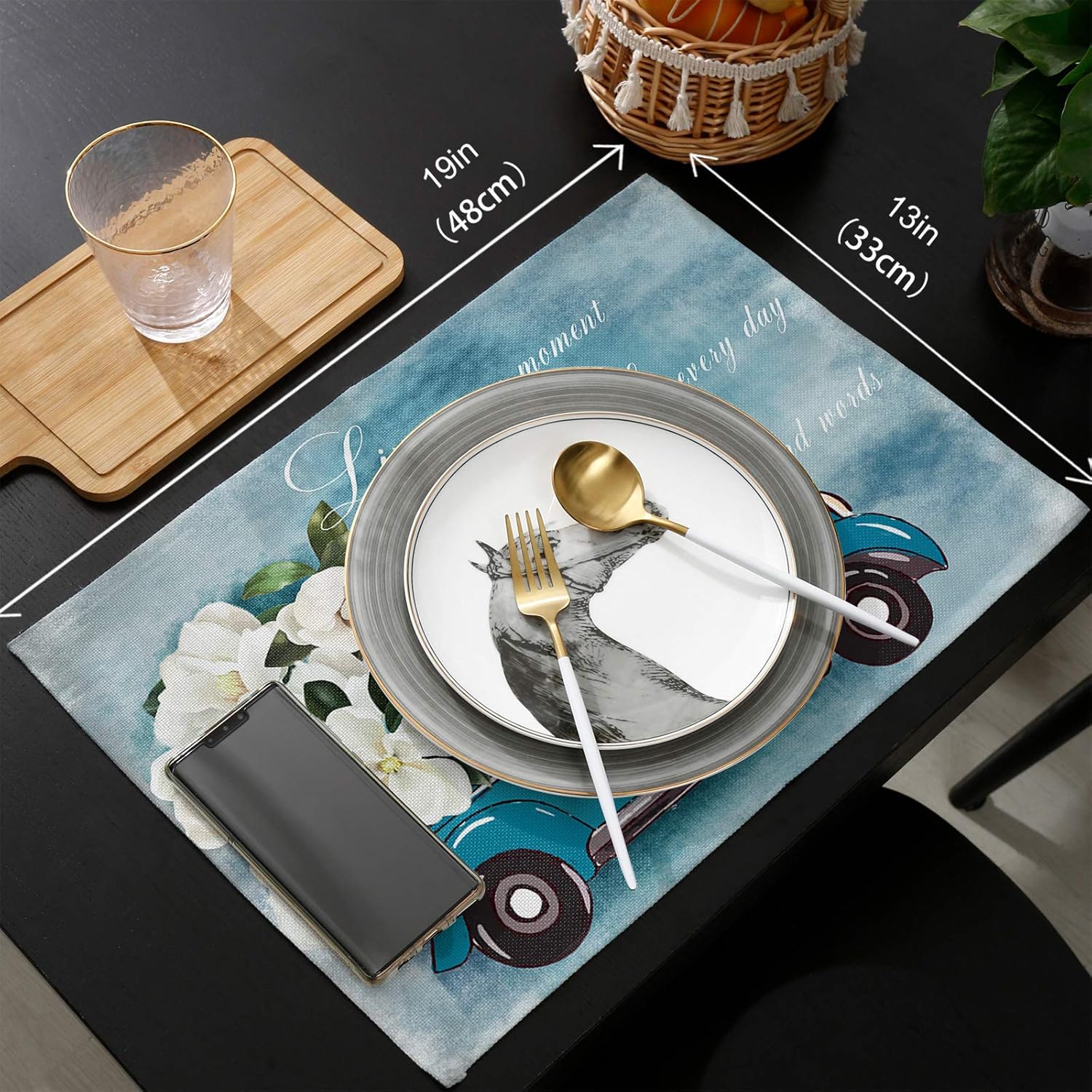 Placemats Set of 6,White Flower Floral Blue Truck Heat-Resistant Placemats for Dining Table,Cotton Linen Non-Slip Place Mats for Holiday Farmhouse Banquet Kitchen Table Decor