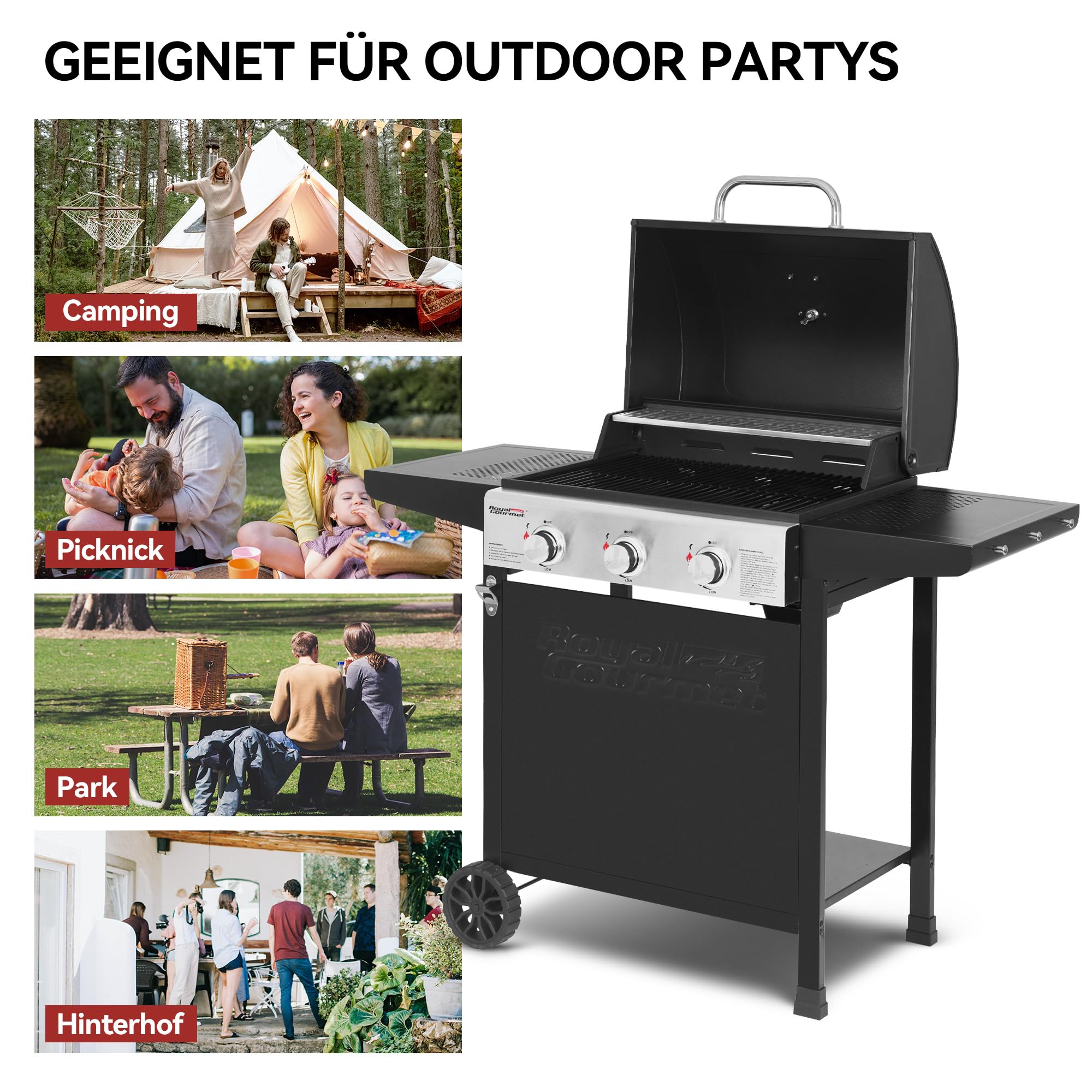 Royal Gourmet Gasgrill Grillwagen 3 Brenner 9 kW Camping Gaskocher mit Kochplatte, Gartengrill mit Flaschenöffner, Druckminderer und Gasschlauch Grillrost ca. 60 x 42 cm, Schwarz