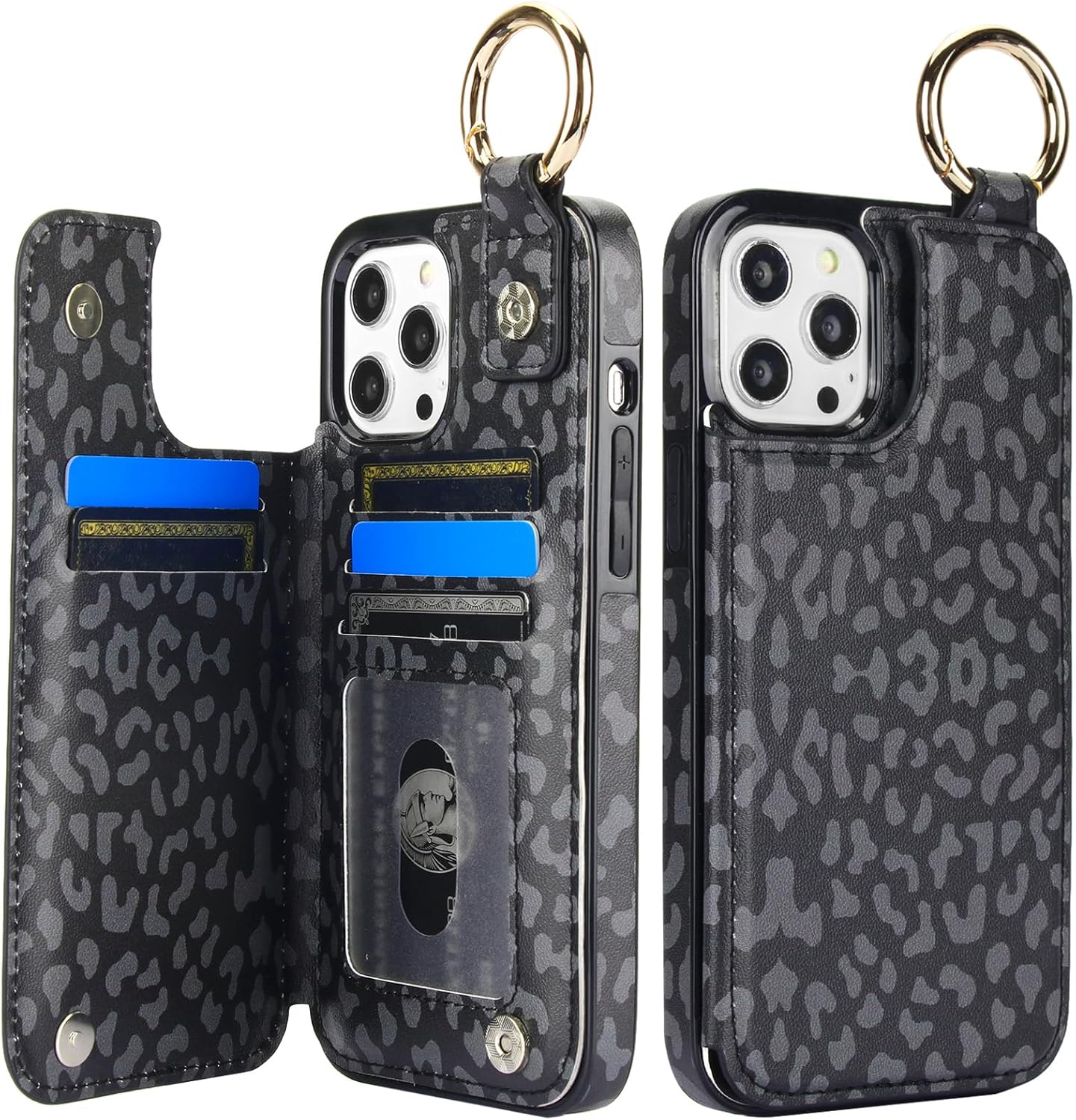 HAOPINSH for iPhone 12 Pro Max Wallet Case with Card Holder, Black Leopard Cheetah Back Flip Folio PU Leather Kickstand Card Slots Case, Finger Grip Ring Double Magnetic Clasp 6.7"