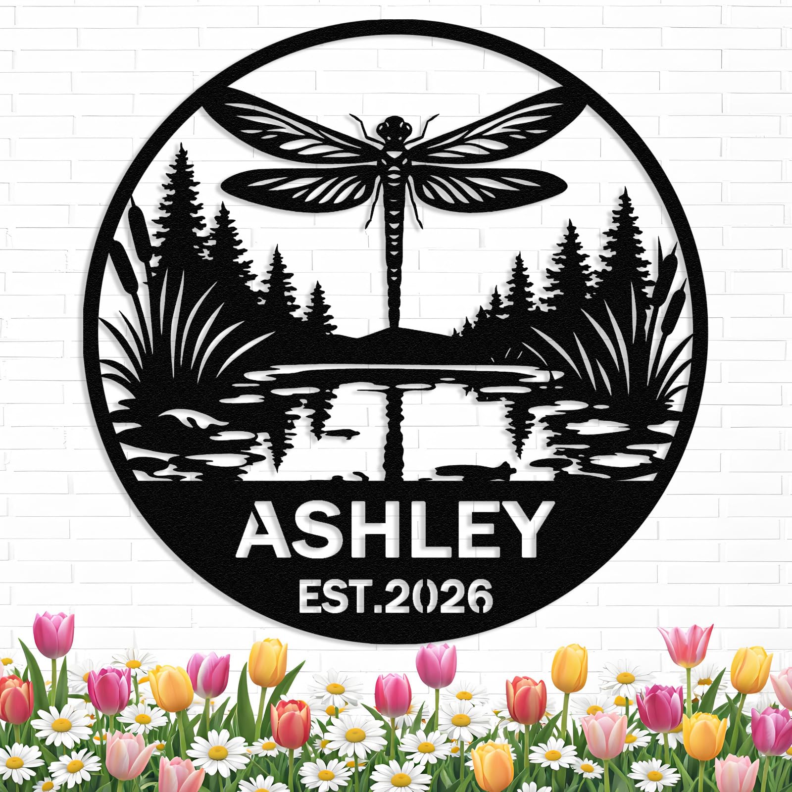 Custom Dragonfly Flower Metal Sign, Personalized Dragonfly Garden Wall Art, Outdoor Name Sign for Garden, Fence or Patio, Gift for Mom, Grandma or Gardener (Style B)