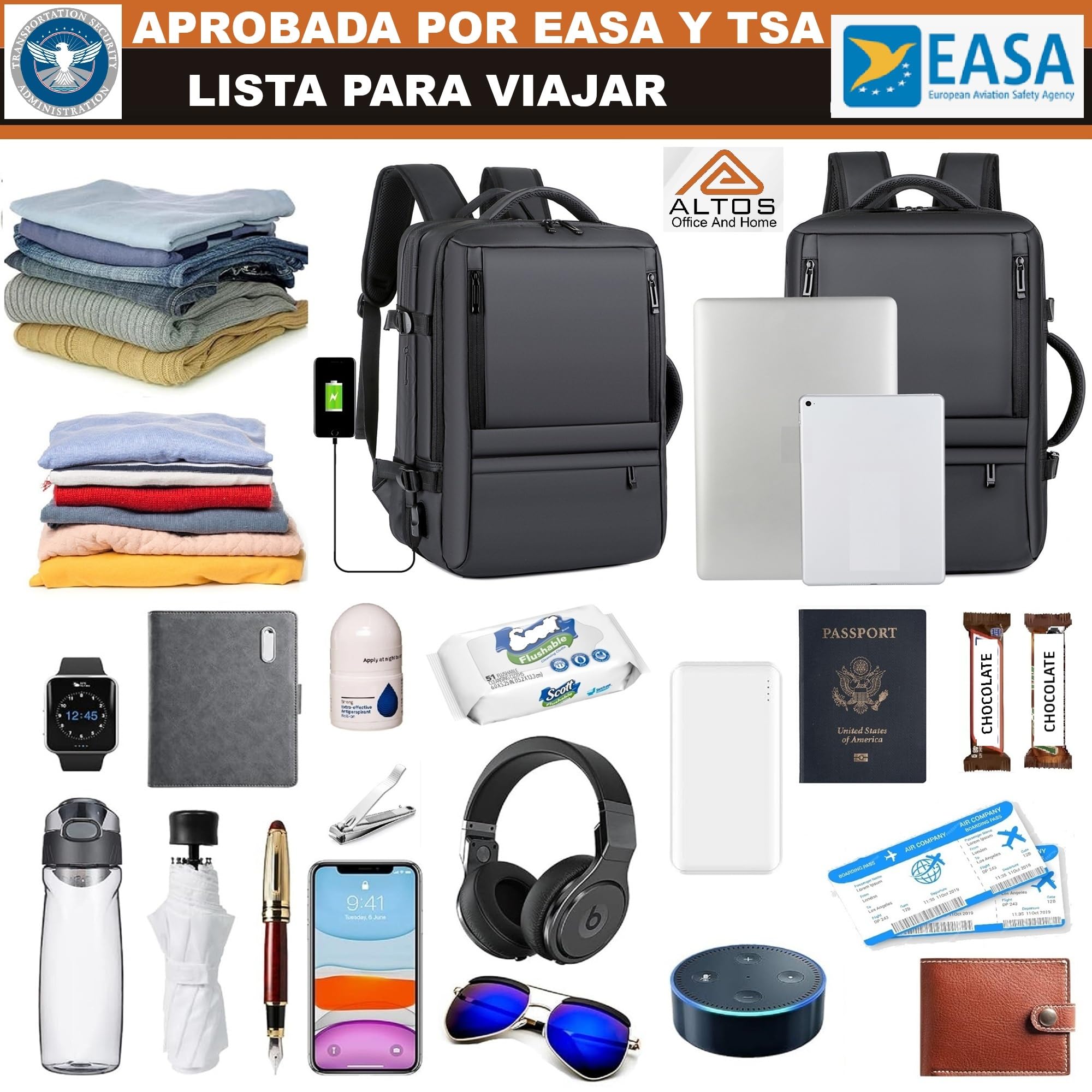 ALTOS OFFICE AND HOME Mochila 45x30x20 cm expandible equipaje de mano 45L para portátil 17 pulgadas impermeable maleta cabina viaje avión compatible con RyanAir/Vueling/EasyJet/Etc. cuero sintético