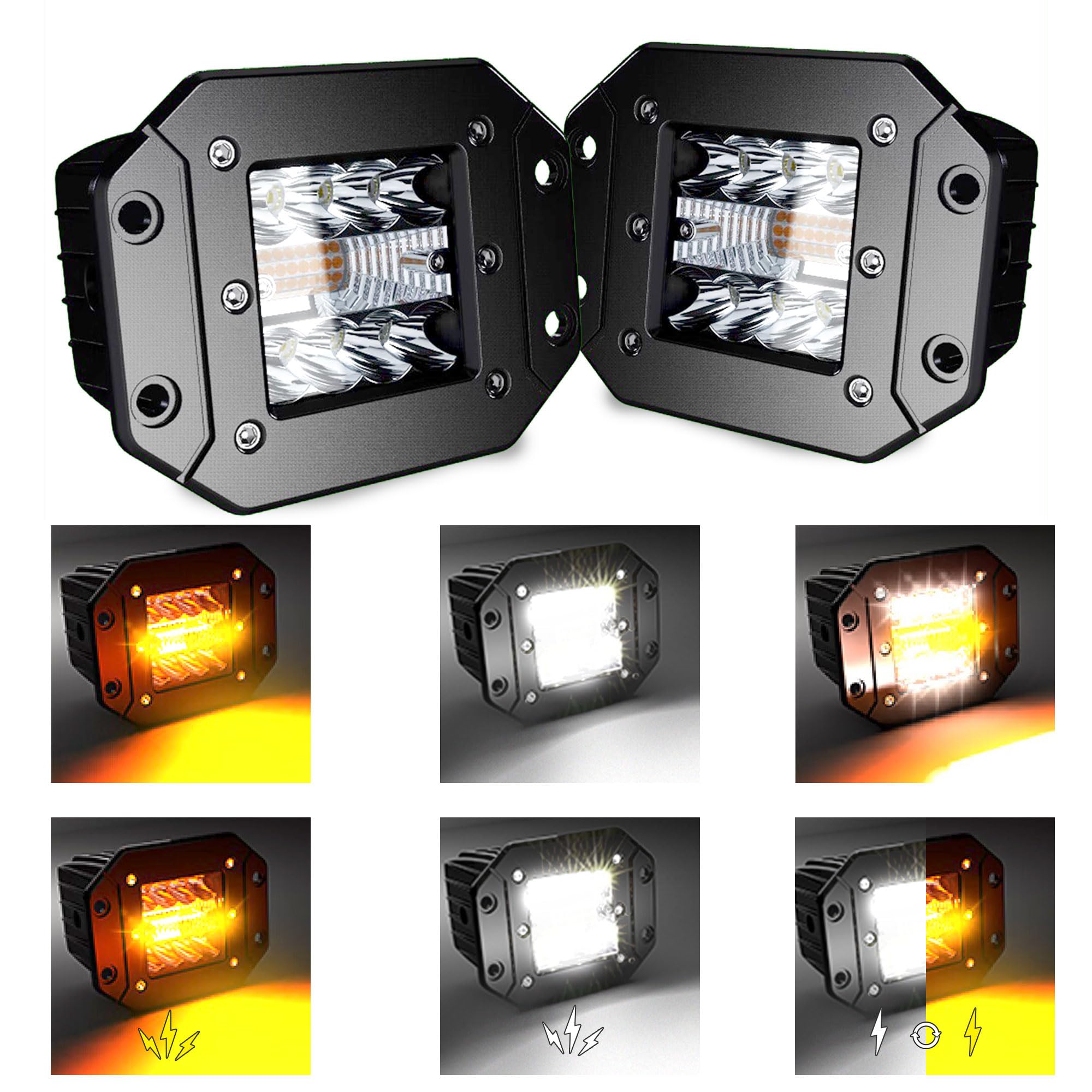 2PCS 5Inch LED Flush Mount Pods 6 Modes Amber/White Flashing Strobe Fog Lights Offroad Backup Reverse Grill Mount Light with Switch Wiring Harness for Truck UTV ATV SUV 4x4 Car