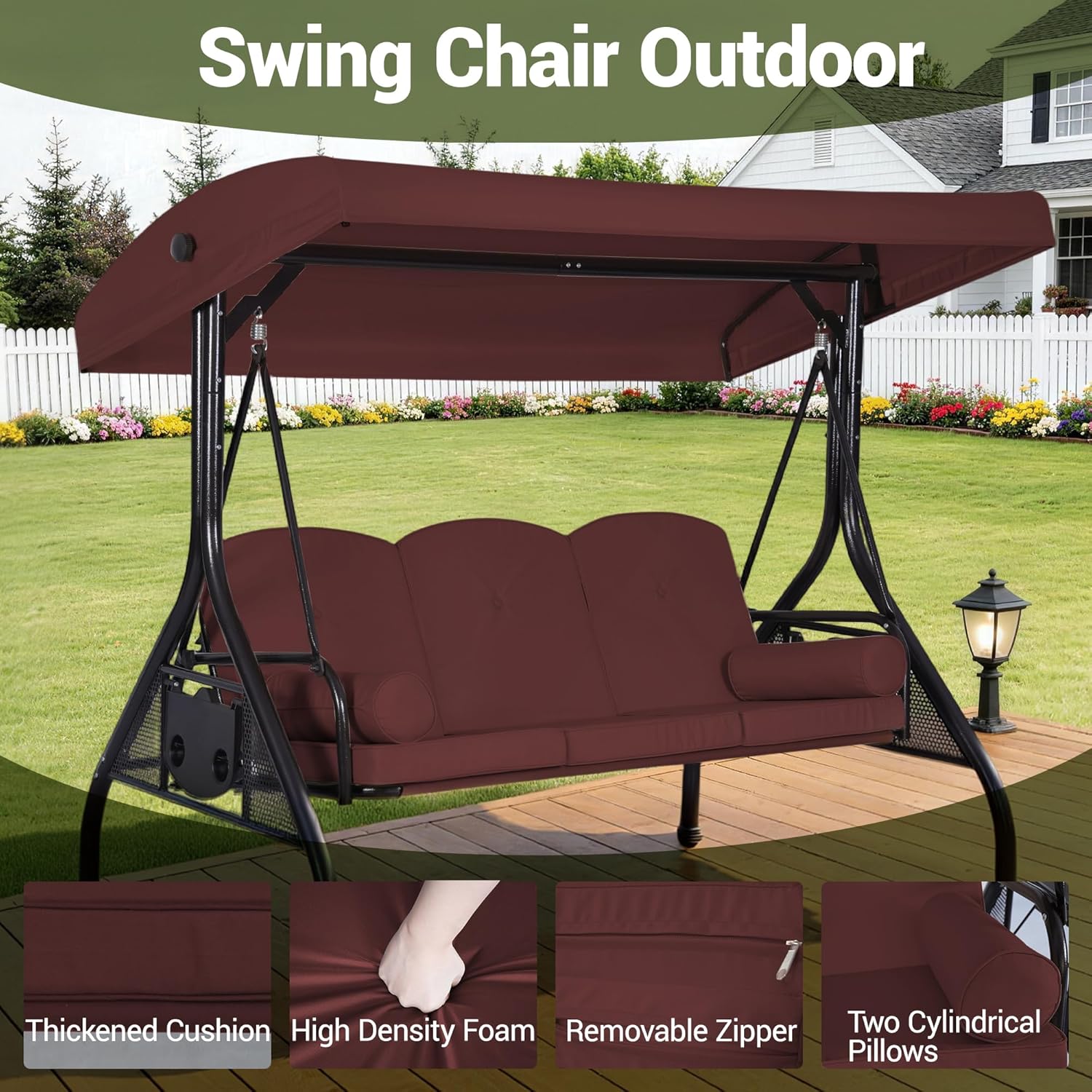 3-Seat Outdoor Porch Swing with Adjustable Canopy, 2 in 1 Convertible Patio Swing Bed, Patio Glider Swing for Adult, with Cup Holder and Pillow for Backyard, Burgundy Red