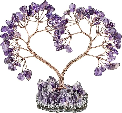 Miniatura 1 de TUMBEELLUWA - Árbol de dinero con piedras de cristal con base de racimo de amatista natural, hecho a mano, diseño de corazón, árbol bonsái para