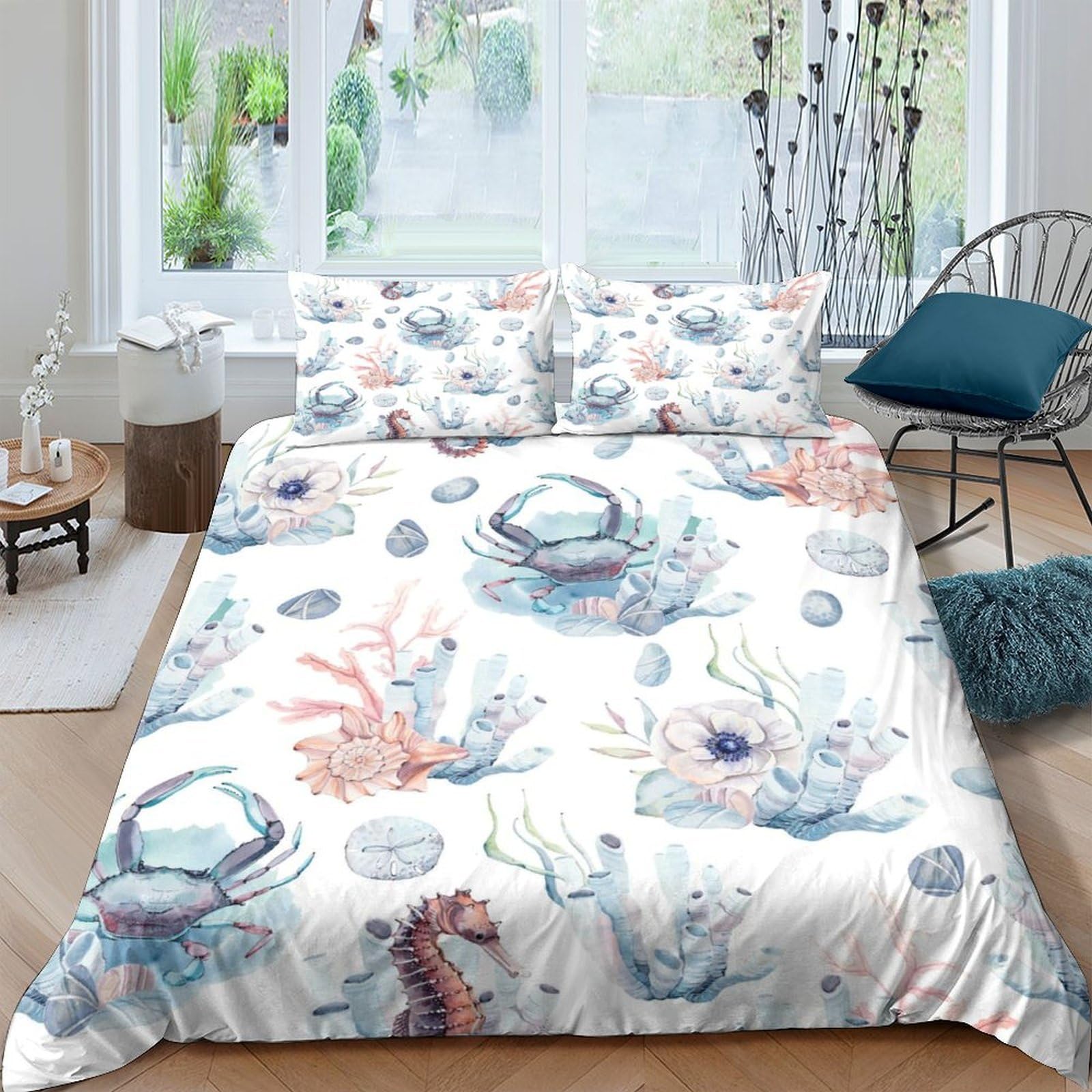 Ctjqhvkz Style-1 3D Printed Ocean Coral Fitted Sheet Microfiber Soft Blue Shell Mattress Cover Bedroom Dorm Decor Single（135X200cm）