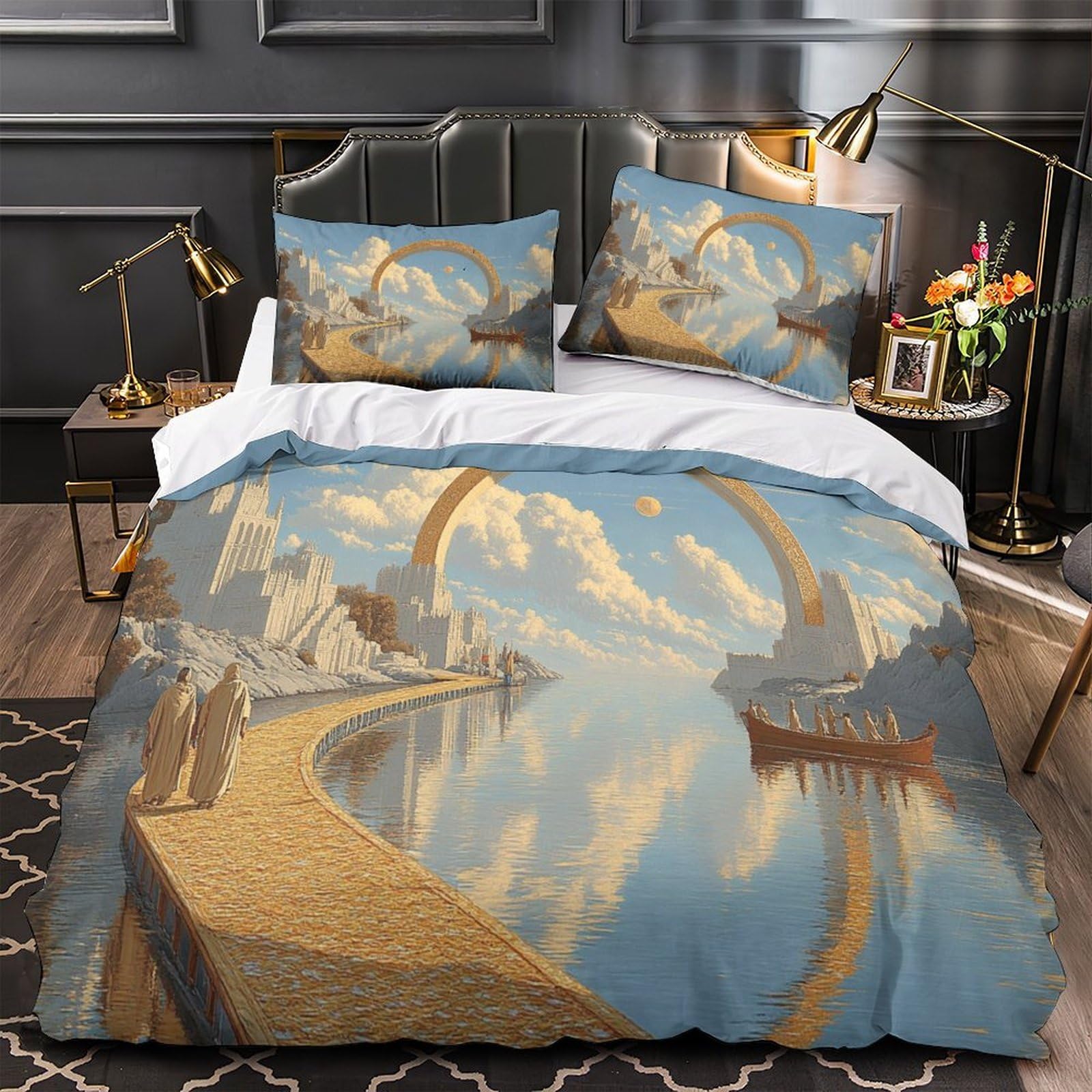 ponte di fantasia Impressione 3D 3 pz fodera per edredone stile fantasy architettonico coperteletto microfibra morbida ipoallergenica per bambini adolescenti donne King（220x240cm）