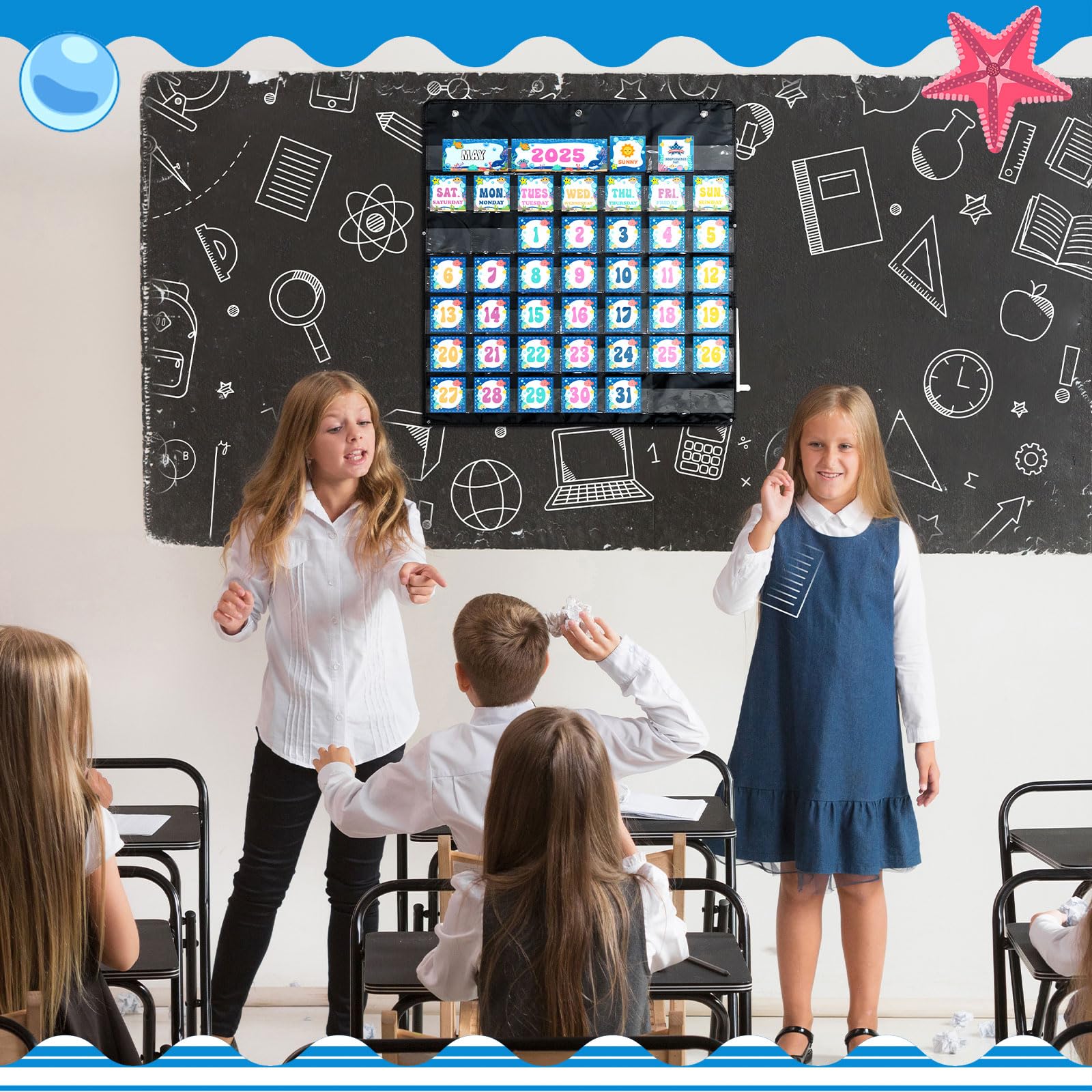AmazingSpark Calendario de aula con calendario de bolsillo, calendario oceánico, tablón de anuncios con bolsillo, tabla meteorológica para decoración de aula, suministros de regreso a la escuela