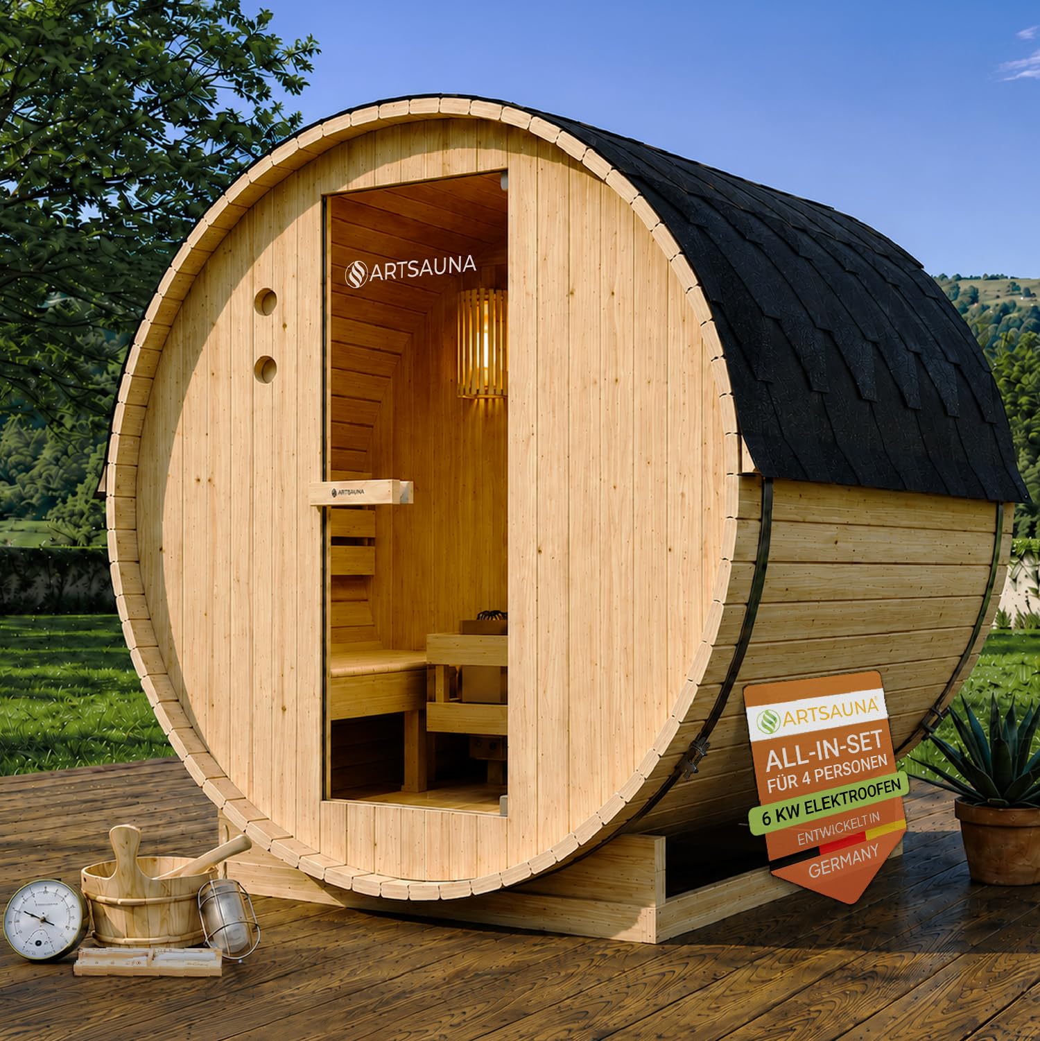 Artsauna Outdoor Fasssauna Spitzbergen 180 für 4 Personen - 6 kW Ofen, Saunasteine & Zubehör - Fichtenholz Außensauna