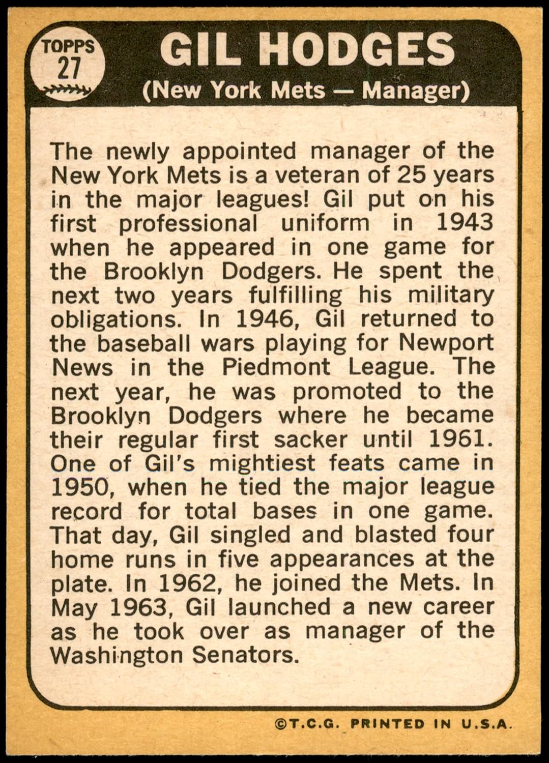 1968 Topps #27 Gil Hodges MG NM+ New York Mets Baseball Trading Card