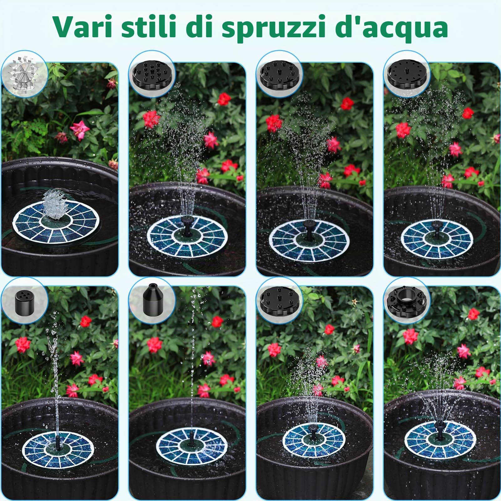 AISITIN Fontana Solare per Esterni Migliorata, 3,5W Pompa Solare Galleggiante per Fontana con Diversi Effetti di Spruzzo, Fontana Solare per Esterni con Vetro Verde Scuro, per Giardino, Stagno