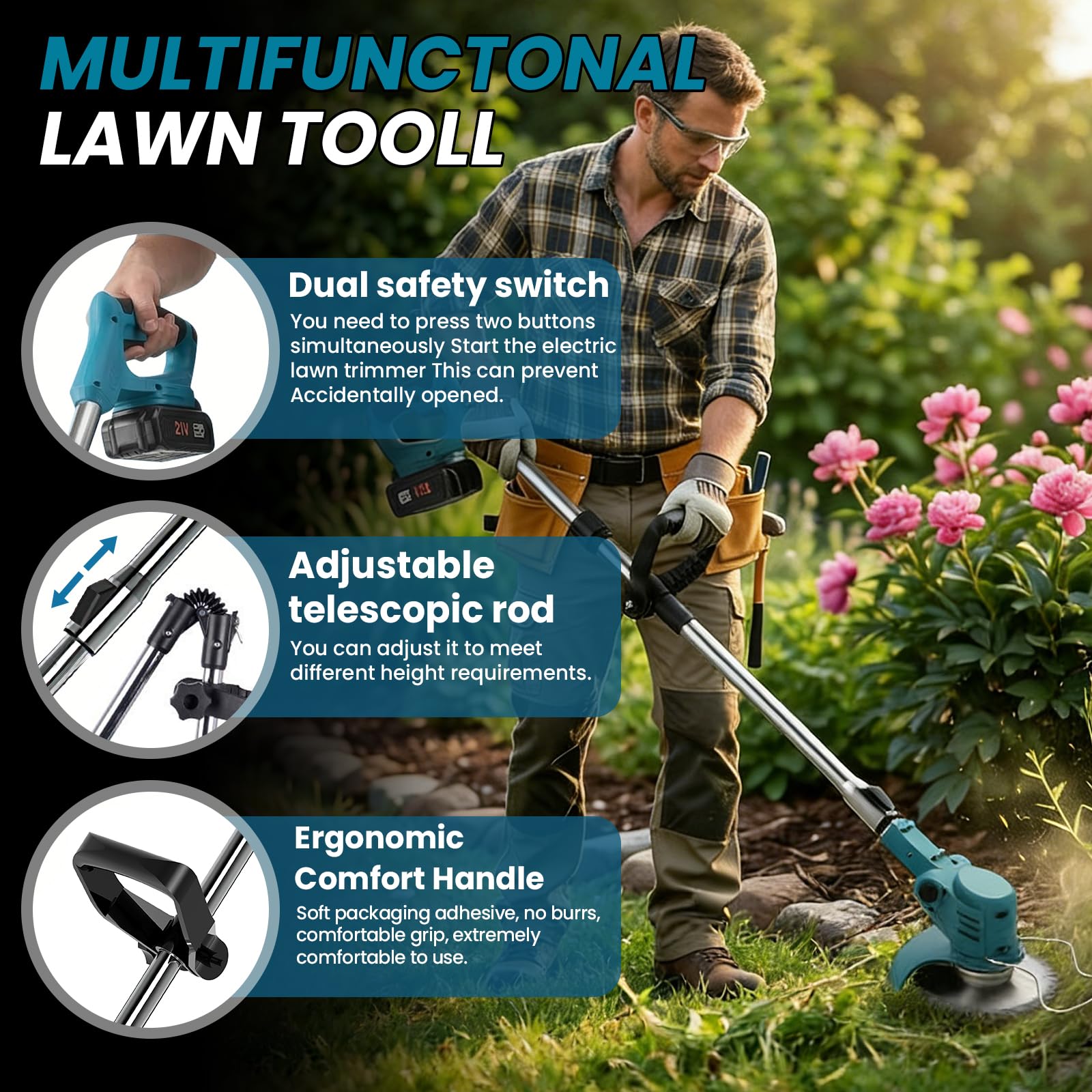 Coupe Bordure sans Fil,Debroussailleuse Electrique sans Fil,Debroussailleuse avec 2 Batteries Et Un Chargeur,Poignée Réglable,4 Types Lames Efficace pour Jardin Pelouse et Désherbage Facile (Bleu)