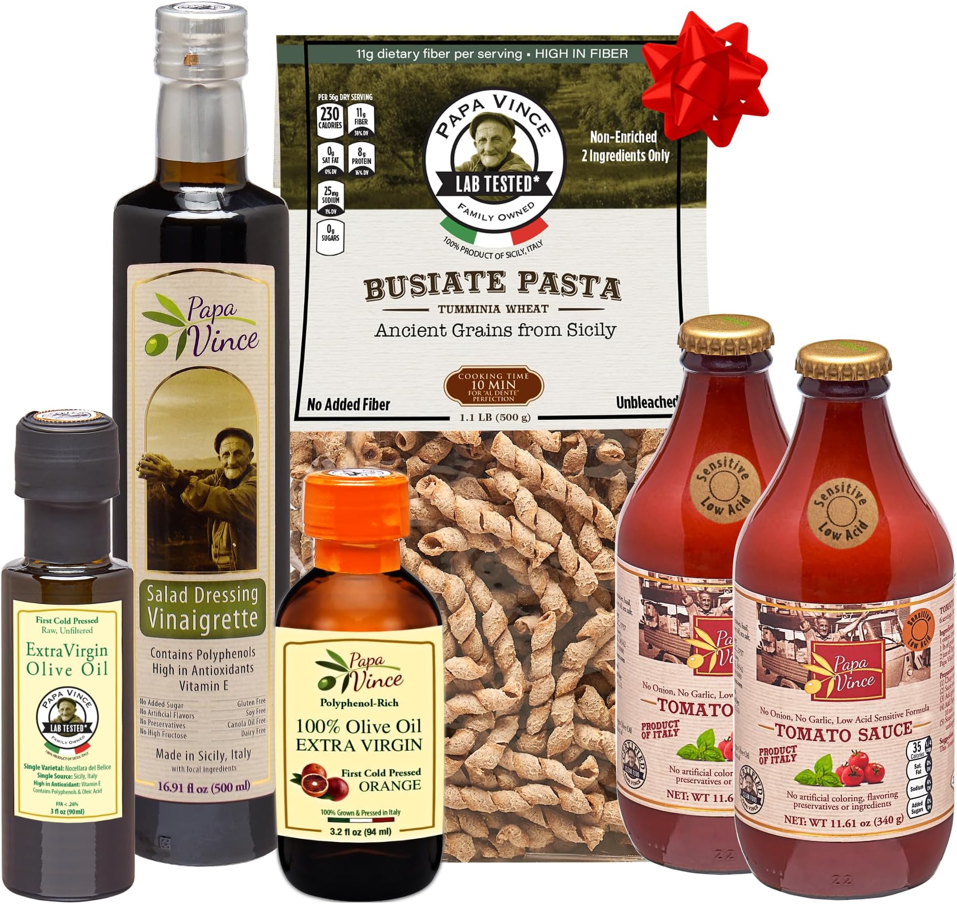 Papa Vince Made in Sicily-Gourmet Gift Set - 1 Tumminia Pasta & 2 Bottles Cherry Tomato Sauce & Sea Salt & 1 Bottle (500ml) Extra Virgin Olive Oil & 3 Bottles (90ml ea) Vinegar, Chili & Lemon Oil