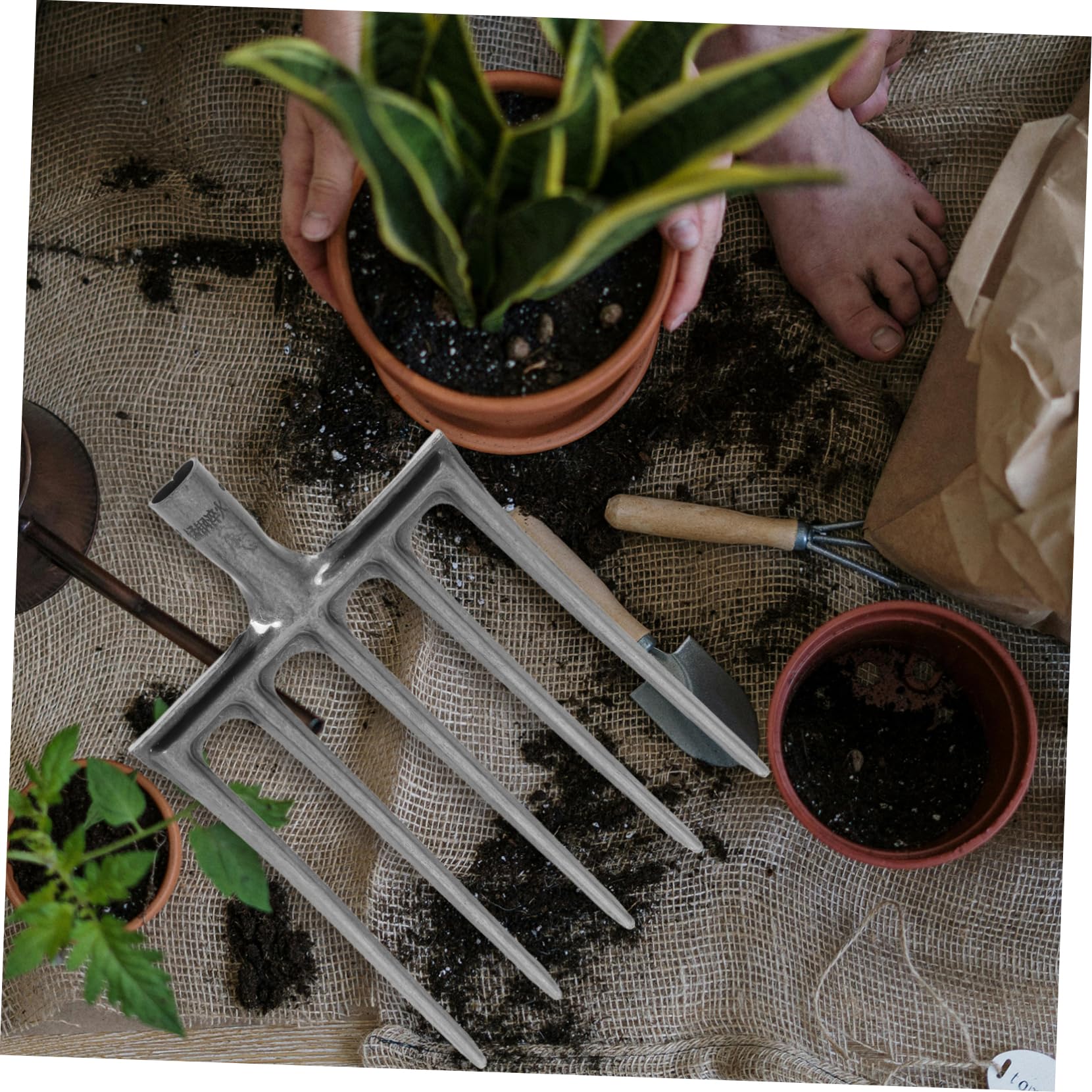 Mipcase Forca da Giardino in Metallo Argento 5 Denti per Applicazioni Versatili e Arieggiamento del Suolo per Aiuole e Campi Agricoli