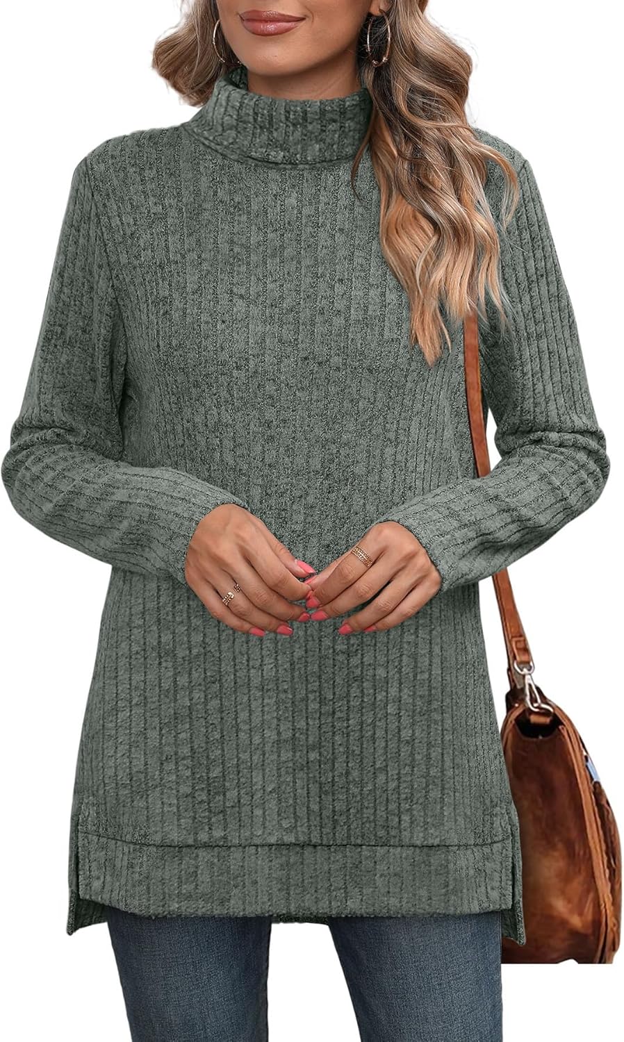 WIHOLL Womens Tunic Tops Turtleneck Long Sleeve Shirts Oversized Fall Sweaters Side Split High Low Hemline - Image 3