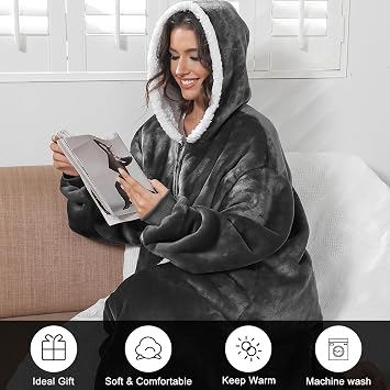 Oversized Wearable Blanket with Sleeves and Hood, Adult Hoodie Blankets with Zip and Pockets (Dark Grey-#a, 120)