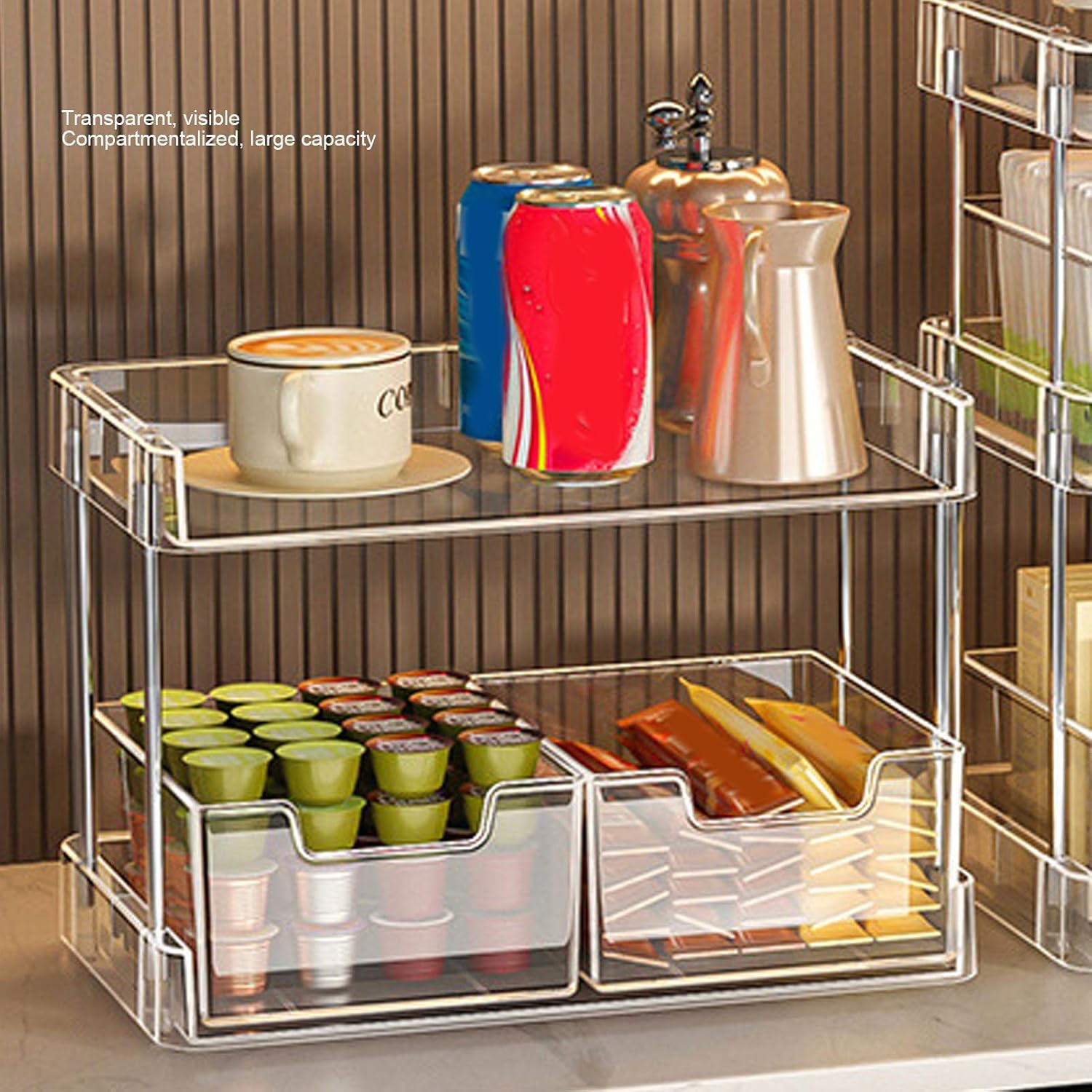 Pssopp Transparent 2 Tier Tea Bag Storage Holder, Clear Drawer Design Metal Frame Coffee Capsule Organizer for Kitchen Countertop (PET)