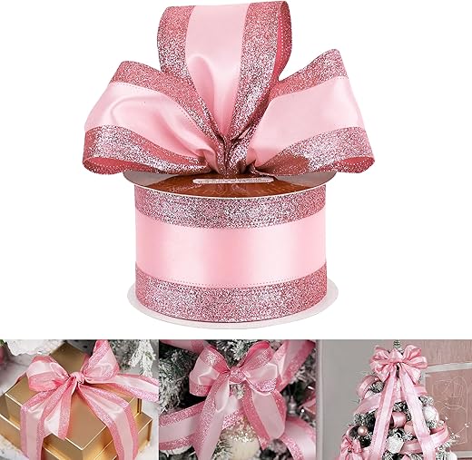 HUIHUANG Pink Wired Satin Ribbon