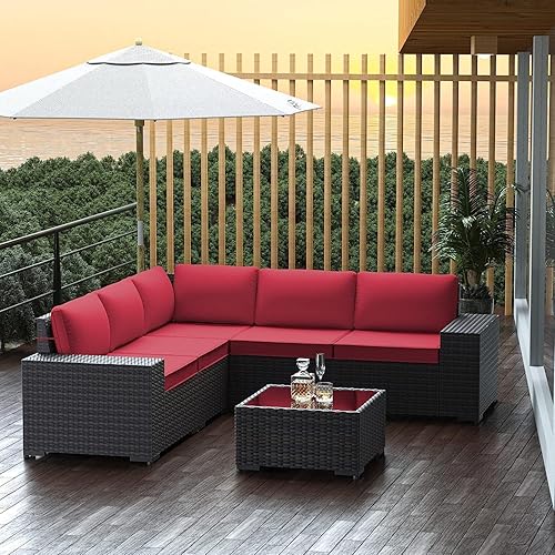 Outdoor Patio Furniture Set, 6 Pcs Outdoor Furniture All Weather Patio Sectional Sofas PE Wicker Modular Conversation Set with Coffee Table,5 Chairs & Seat Clips Red