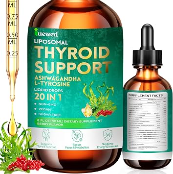 Thyroid Support Complex Liquid Drops for Women & Men - High Potency Iodine, Zinc, Selenium & Ashwagandha for Cortisol & Stress Relief - Natural Metabolism & Energy Booster - 2 oz 60ml