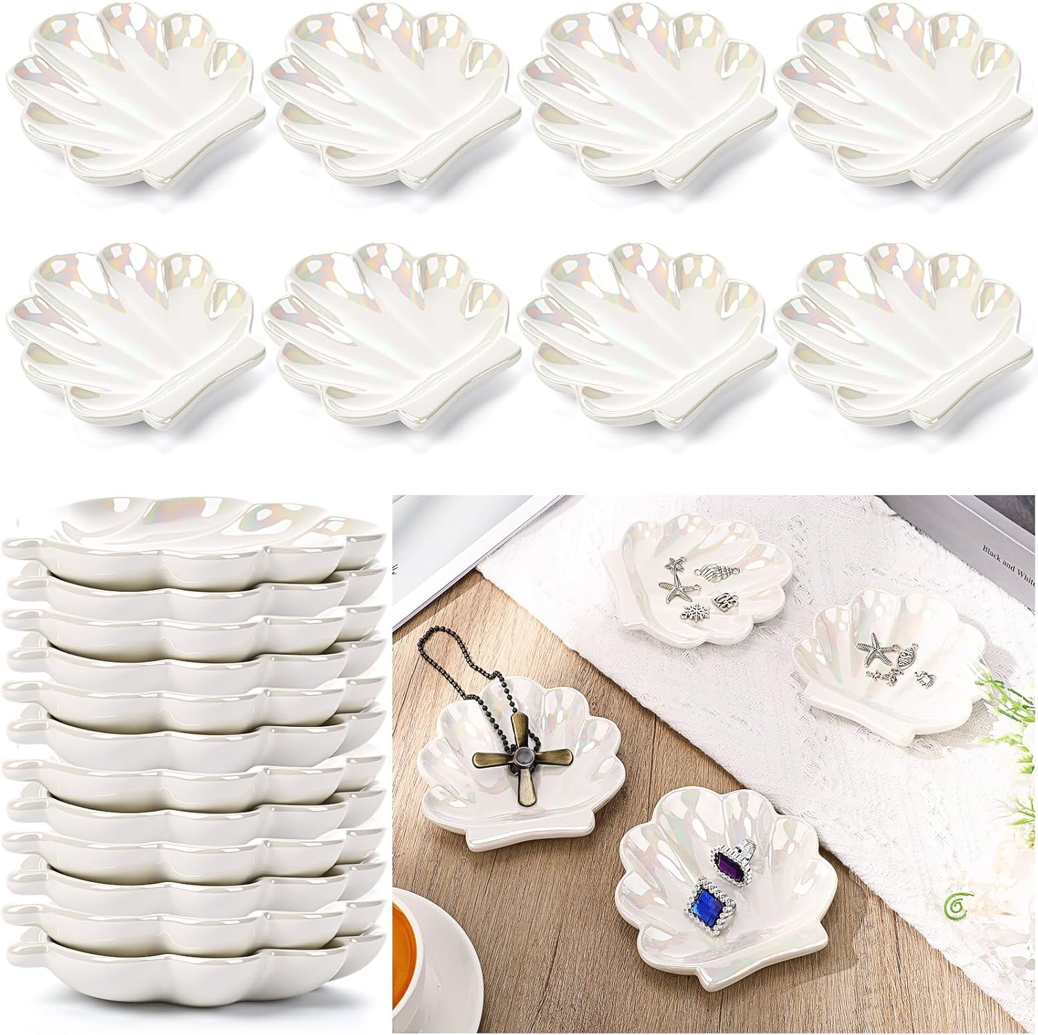 8 Pcs Shell Trinket Dish Seashell Jewelry Dishes for Women Shell Ceramic Jewelry Dish Tray Ceramic Ring Holder Decorative Trinket Tray Organizing Rings Earrings Necklaces Keys for Home Decor