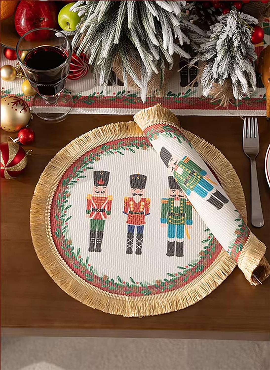 Fennco Styles Nutcracker Fringe Holiday Placemats 13" Round, Set of 4 - Multicolored Soldier Print Festive Table Mats for Christmas Décor, Banquet, Family Gathering and Special Events