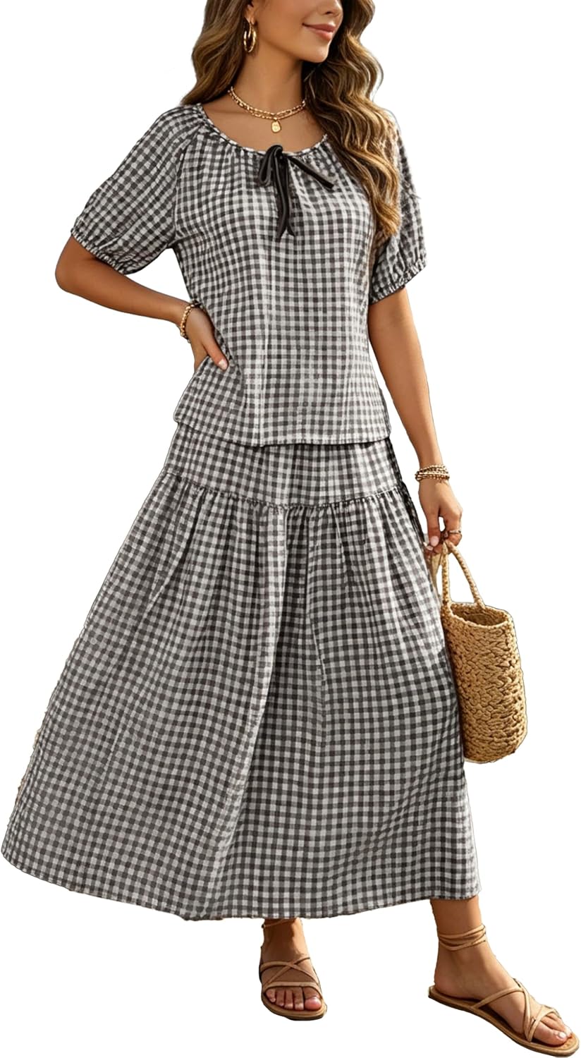 Womens Gingham 2 Piece Set Tie Front Puff Sleeve Midi Skirt