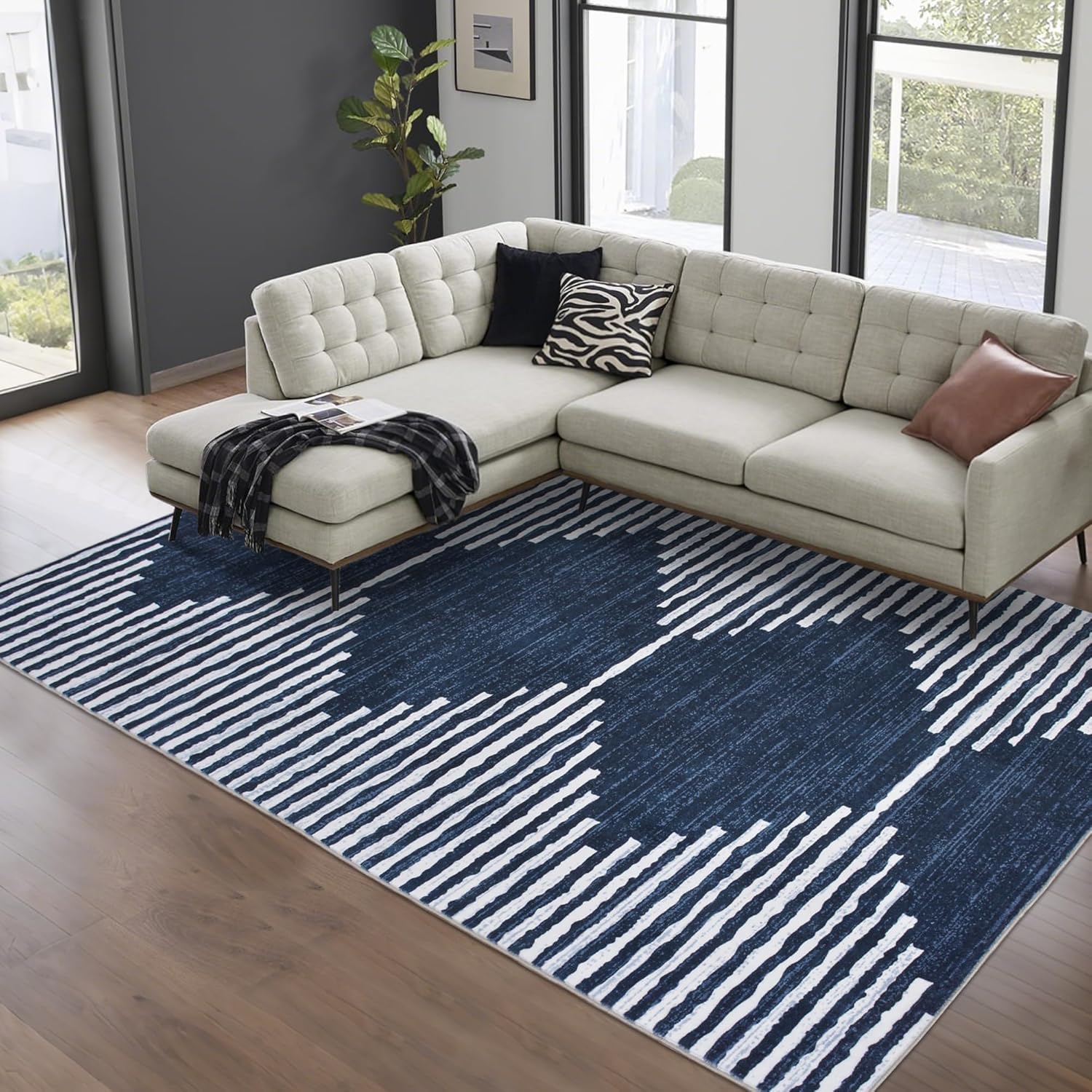 HelloTree Area Rug for Living Room 8x10 Washable Geometric Moroccan Rug Stripe Farmhouse Bohemian Minimalistic Non Slip Non Shedding Ultra Thin Soft Rug for Bedroom Office DiningRoom Nursery-Blue