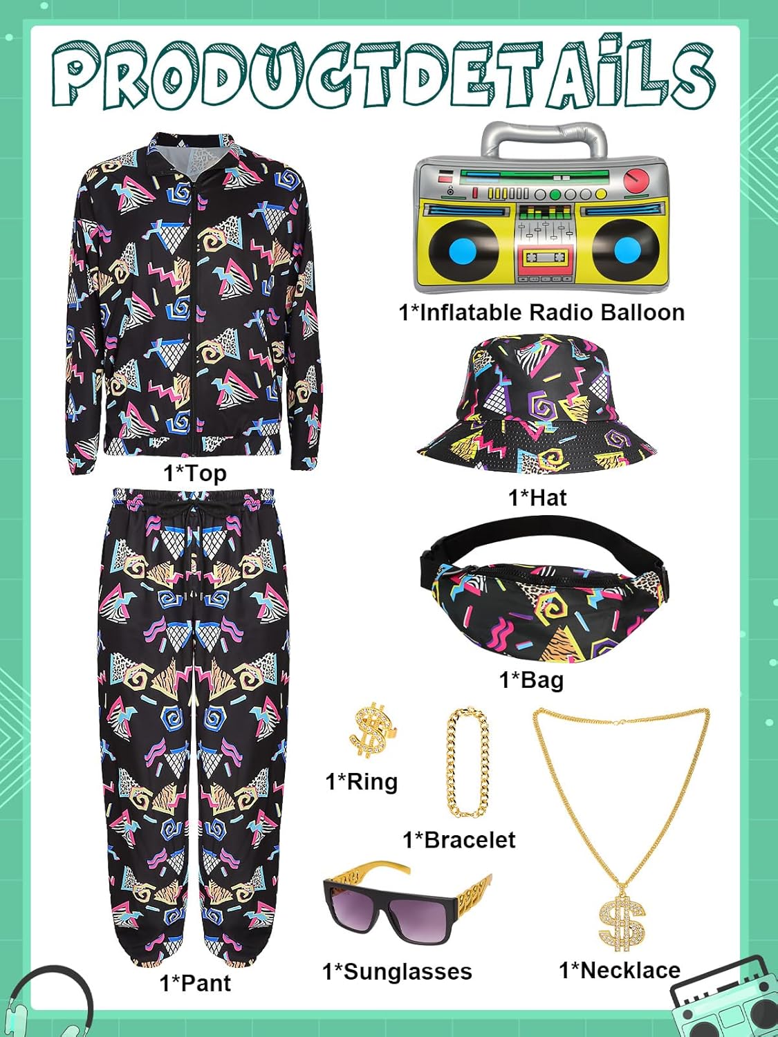 80s 90s Outfit Sets for Men, Retro Tracksuit Streetwear, Mens 80s Sportswear 9Pcs - Image 2