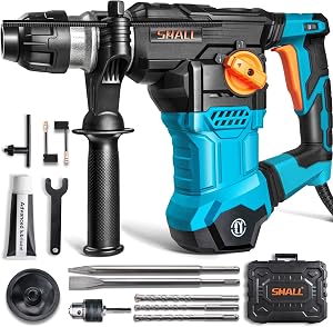 SHALL 1-1/4 Inch SDS Plus Heavy Duty Rotary Hammer Drill, 1500W Demolition Hammer, One Knob 4 Functions with Speed Adjustment, Flat Chisel, Point Chisel and 3 Drill Bits Included, 0-950 RPM
