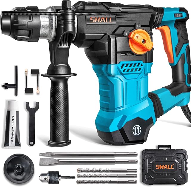 SHALL 1-1/4 pouce SDS Plus Foreuse rotative à marteau de service lourd, 1500W Démolition Hammer, un bouton 4 Fonctions avec réglage de vitesse, Chisel plat, Point Chisel et 3 Boutons de forage inclus, 0-950 RPM