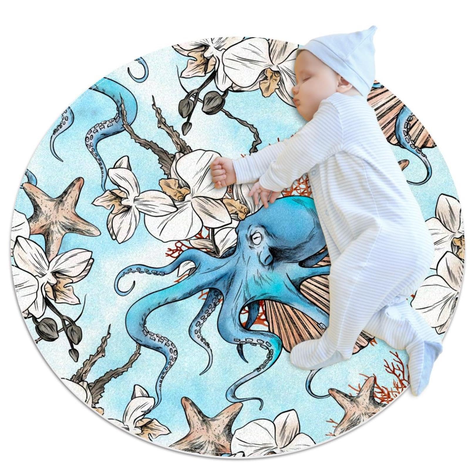 Tapis de chambre enfant pieuvre orchidée rond 1m antidérapant