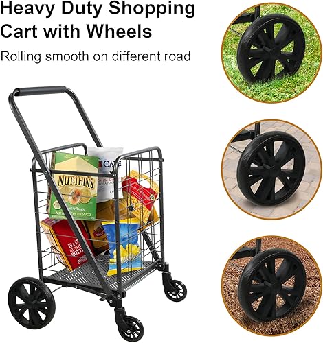 Miniatura 4 de Carrito de compras plegable con ruedas giratorias de 360 para comestibles, lavandería, libro, equipaje, viaje, capacidad de 77 libras, color negro