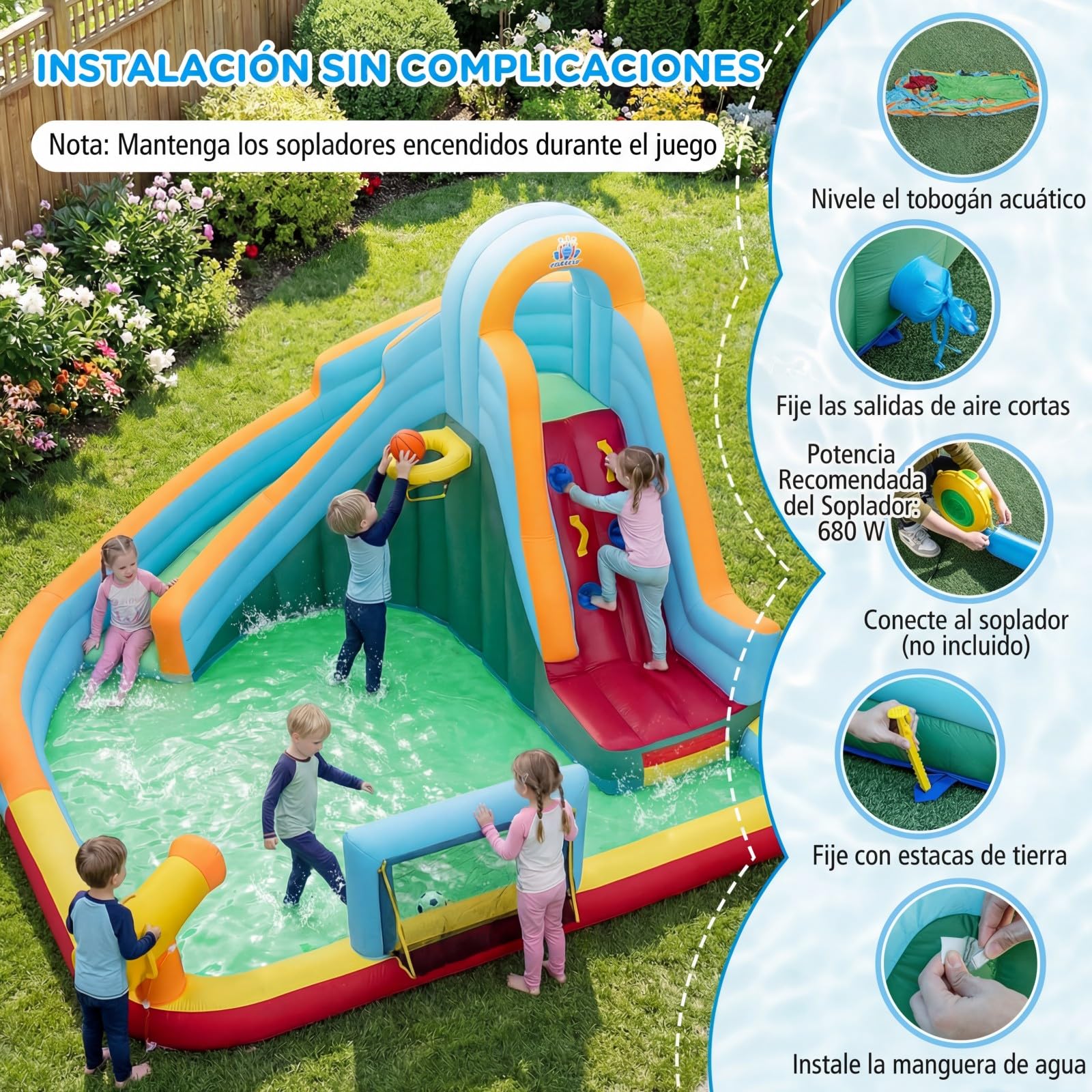 COSTWAY Castillo Hinchable Niños con Tobogán AcuáTico, Parque Infantil Inflable con Bolas Oceánicas, Fútbol, Baloncesto, Muro de Escalada, Aro, Portería y Cañón de Agua para 3 a 12 Años (Sin Soplador)