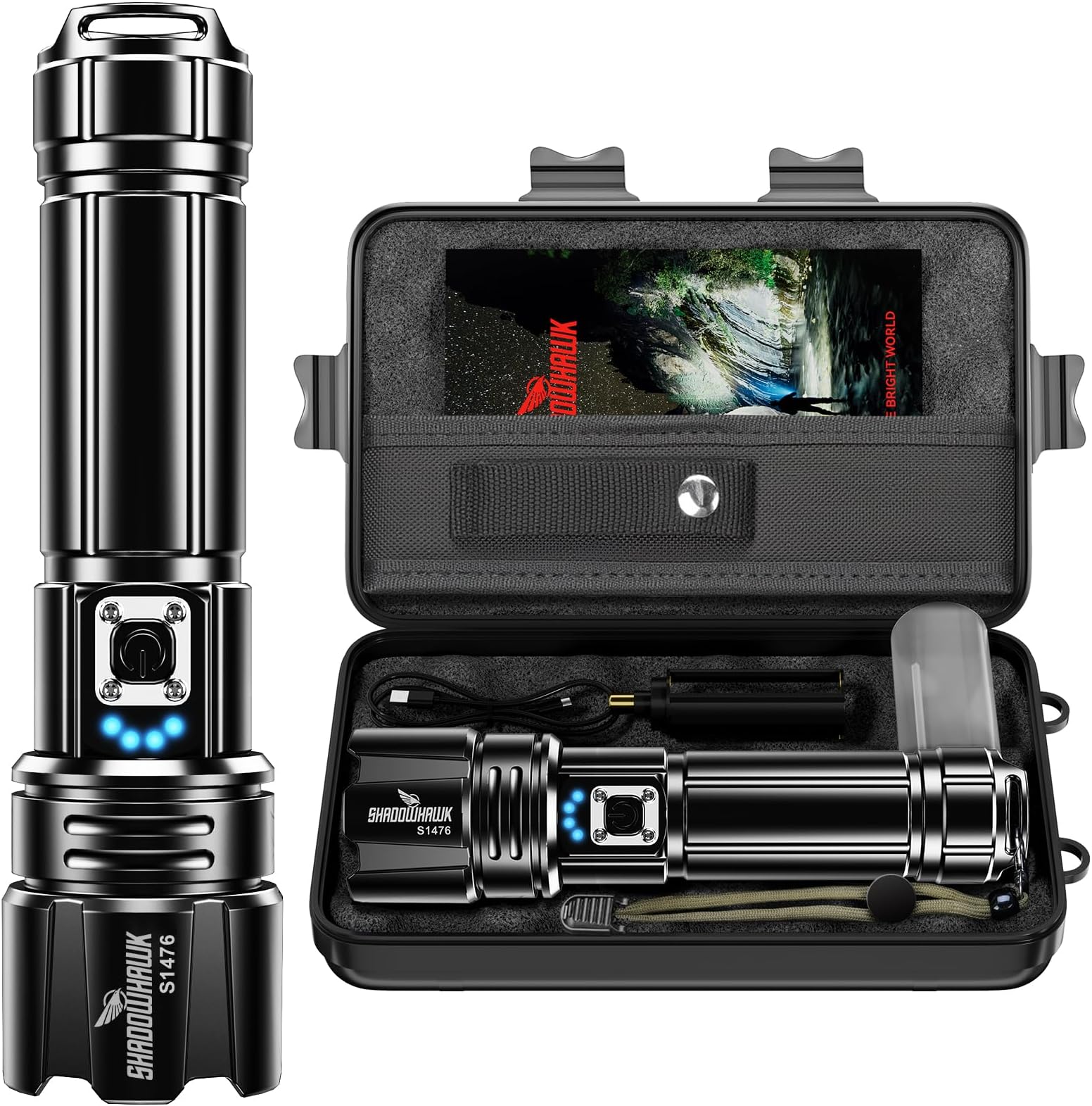 Shadowhawk Flash Light Led Torch, 20000 Lumens Flashlight Bright Light Torch, XHP70.2 Hand Torch Light Rechargeable USB Tactical, Waterproof Portable Torch Light for Trekking Hunting Emergency