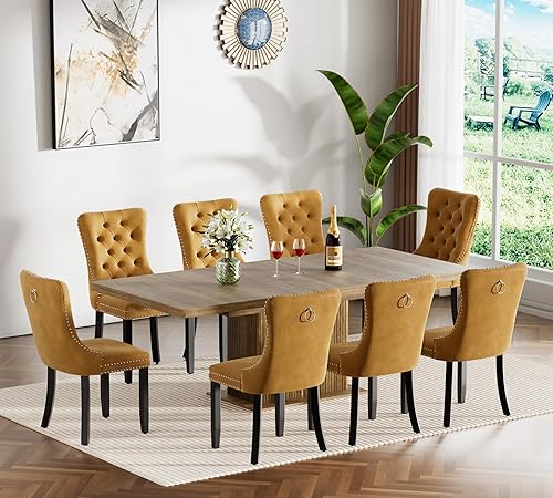 Miniatura 2 de Juego de mesa de comedor extensible para 8, mesa de comedor expandible de 78.74 pulgadas con 8 sillas tapizadas acolchadas amarillas, mesa grande